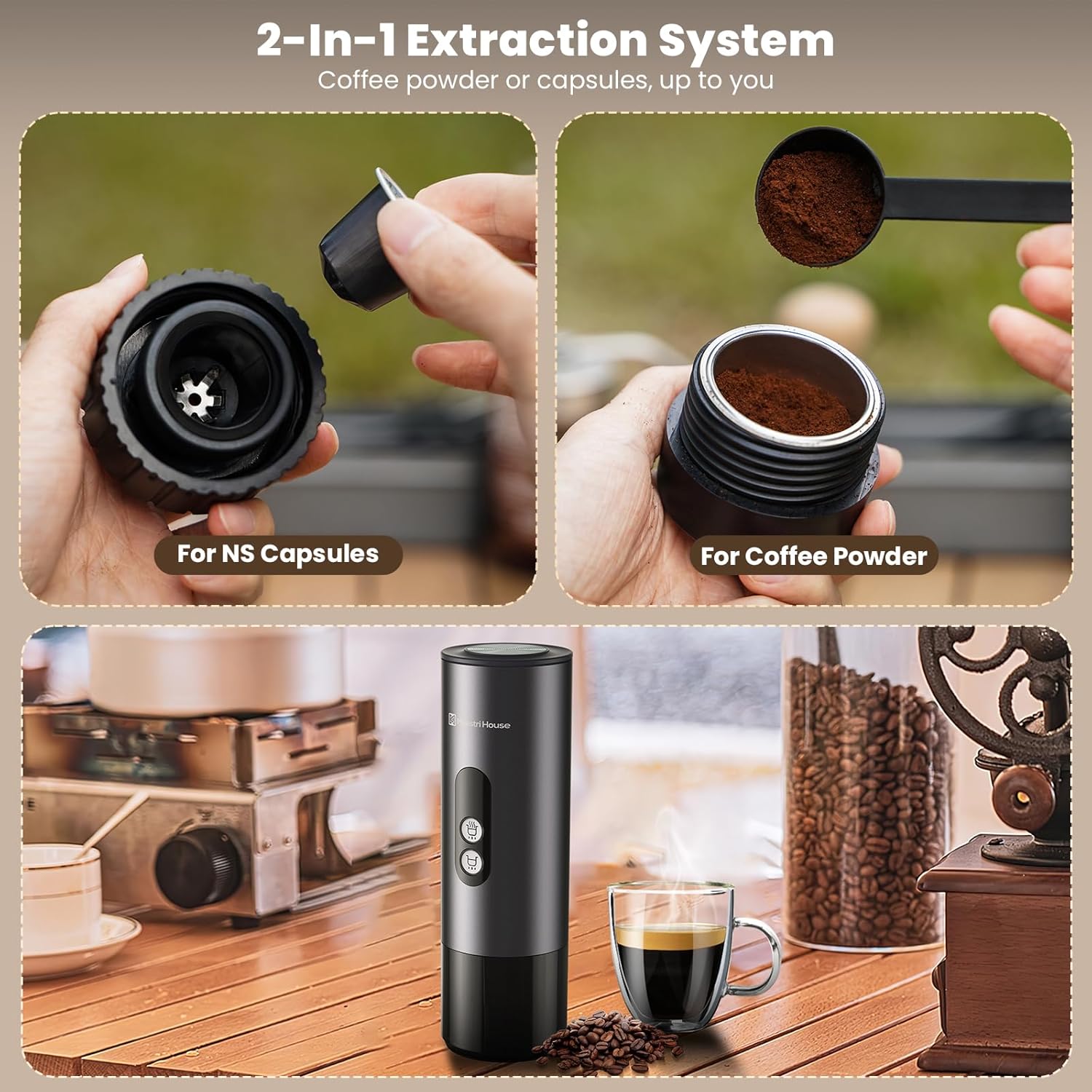 เครื่องชงกาแฟเอสเพรสโซ Maestri House 150W พร้อมระบบอุ่นอัตโนมัติที่รวดเร็วภายใน 2-3 นาที เครื่องชงกาแฟเอสเพรสโซแบบพกพาสำหรับการเดินทาง พร้อมถ้วยชาขนาดเล็กและที่วางแคปซูลกาแฟบดสำหรับ NS สำหรับรถยนต์ การตั้งแคมป์ รถบ้าน และการเดินป่า