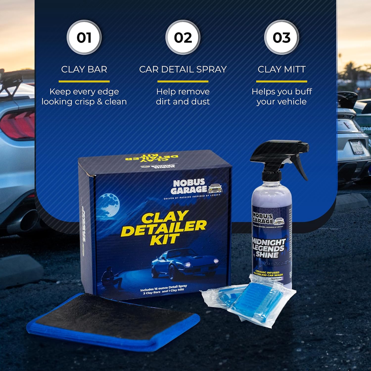 Nobus Garage Car Detailing Spray with Clay Bar and Clay Mitt, Ceramic Infused Waterless Auto Detail Supplies, Surface and Paint Safe Cleaner for a Streak-Free Shine · v2