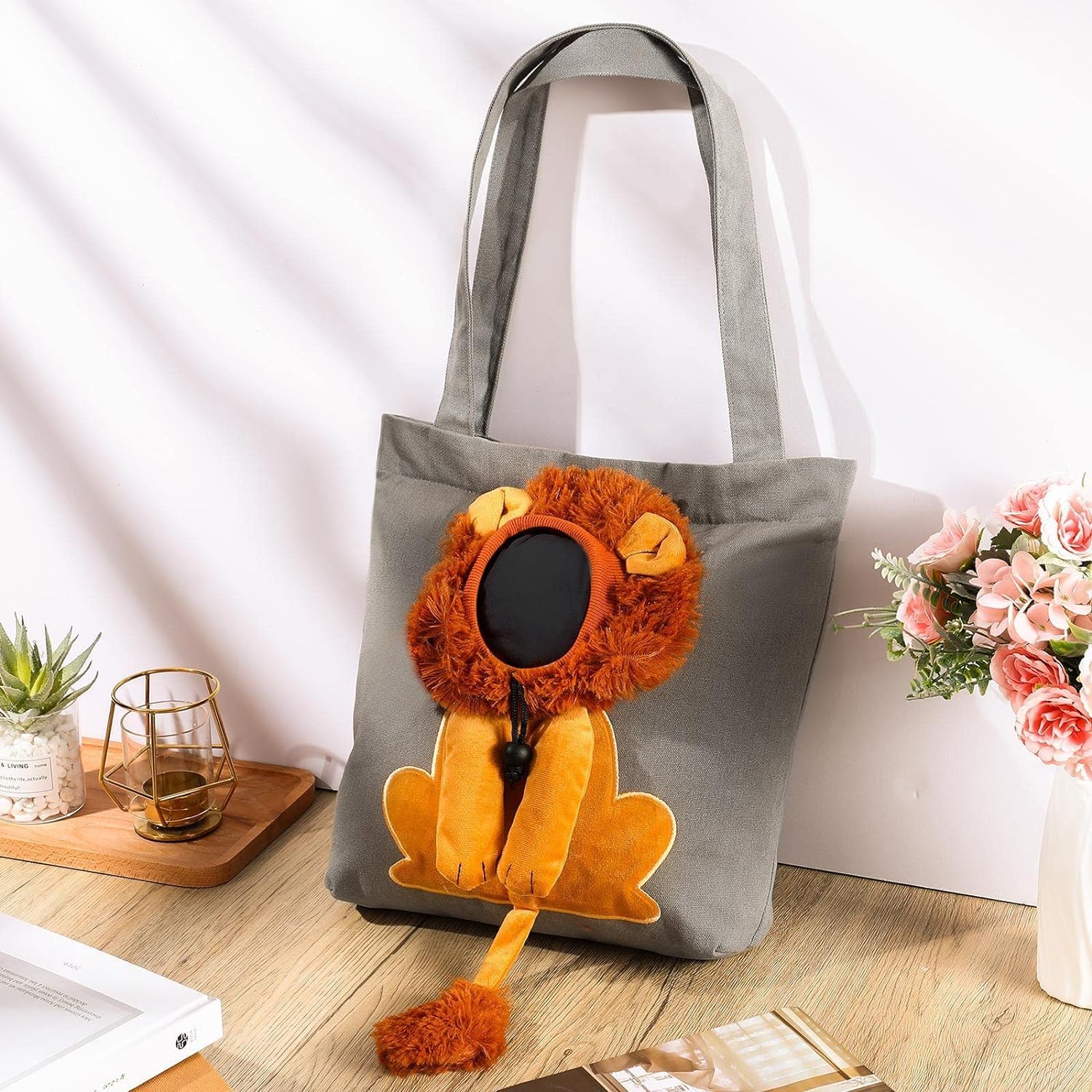 Borsa a tracolla in tela per animali domestici, trasportino per animali domestici con design a leone dai lati morbidi per gatti di piccola taglia e cuccioli, trasportino portatile traspirante per gatti in tela, simpatica borsa a tracolla per animali domestici