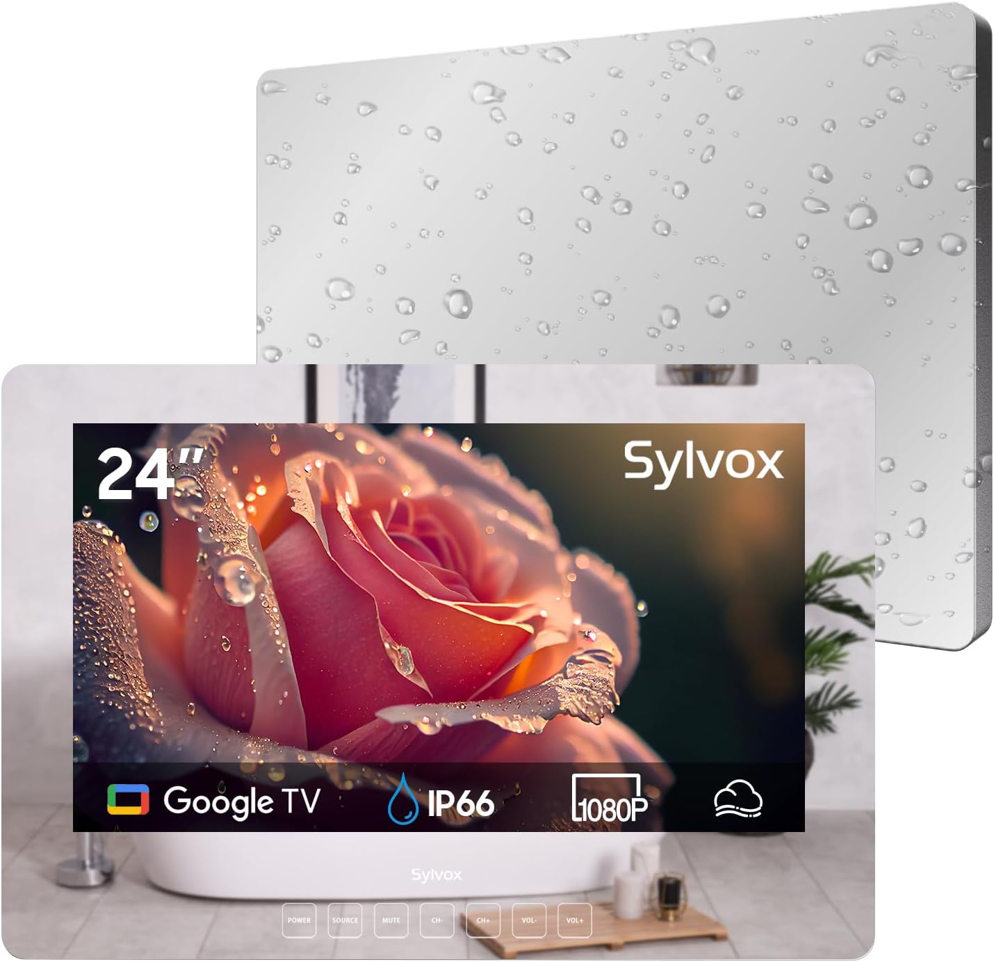 SYLVOX 24' Smart Waterproof TV, Magic Mirror TV for Bathroom, 1080P, Bass Boost, IP66, Anti-Fog, Built-in APP Store, and Voice Assistant (On Wall Model)