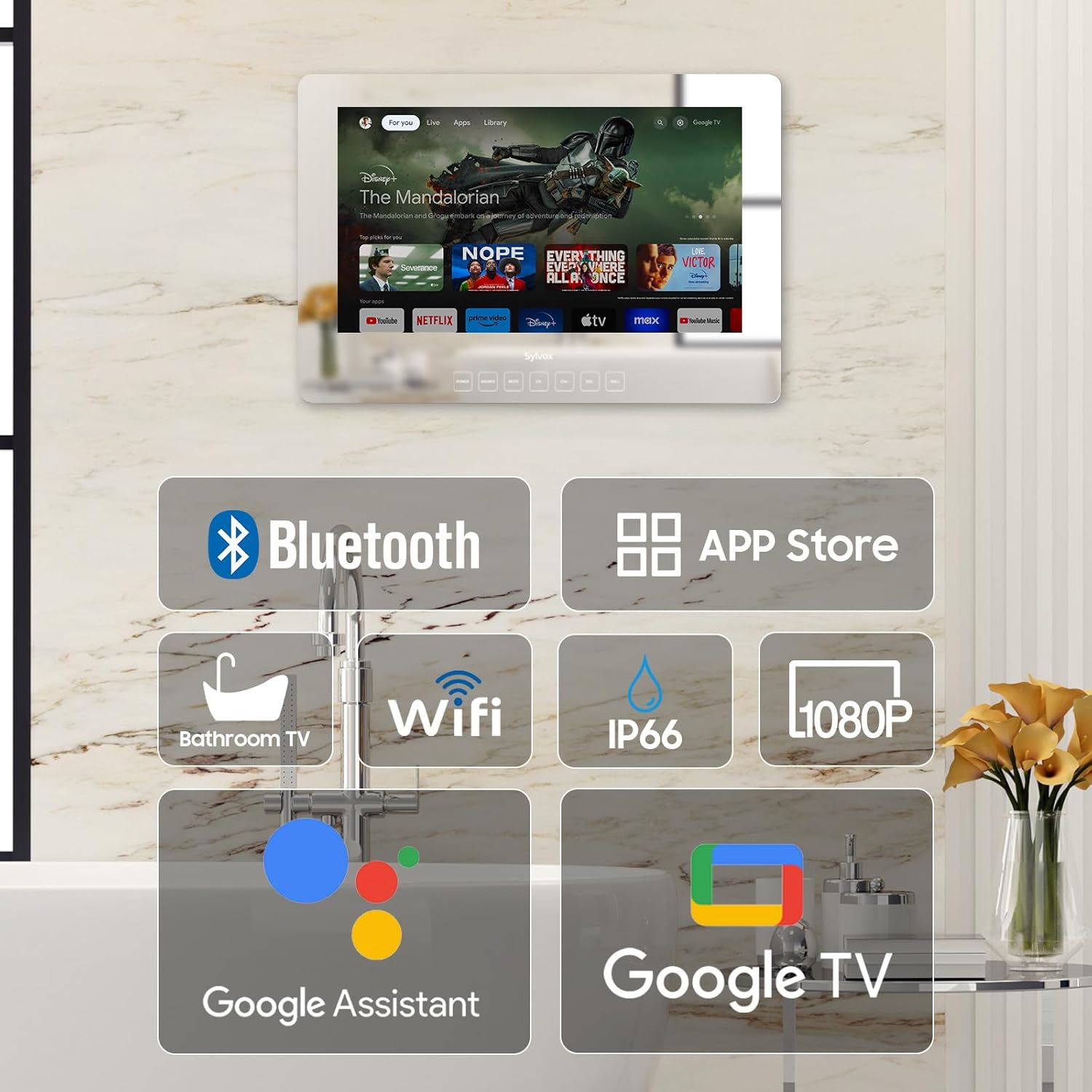 SYLVOX ทีวีสมาร์ทกันน้ำขนาด 24 นิ้ว พร้อมกระจกวิเศษสำหรับห้องน้ำ 1080P เพิ่มเสียงเบส IP66 ป้องกันฝ้า มี APP Store ในตัว และผู้ช่วยเสียง (รุ่นติดผนัง)