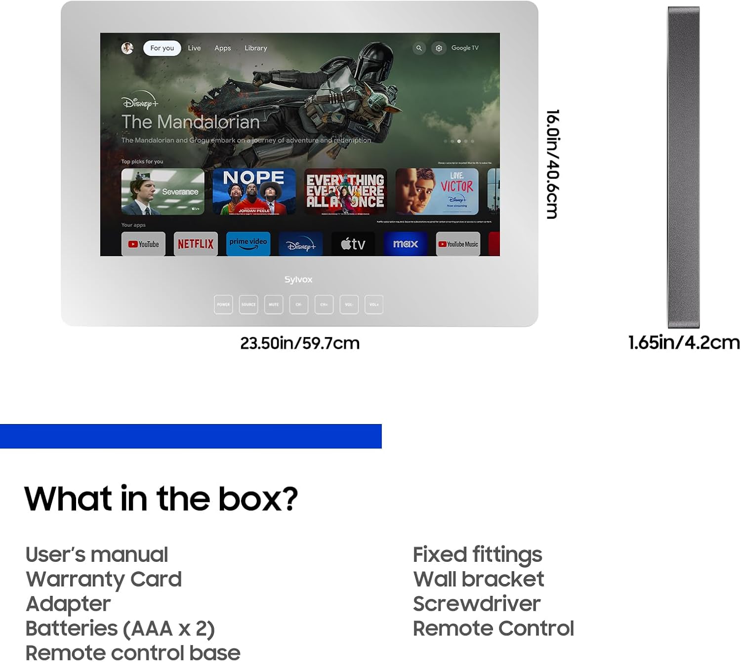 SYLVOX ทีวีสมาร์ทกันน้ำขนาด 24 นิ้ว พร้อมกระจกวิเศษสำหรับห้องน้ำ 1080P เพิ่มเสียงเบส IP66 ป้องกันฝ้า มี APP Store ในตัว และผู้ช่วยเสียง (รุ่นติดผนัง)