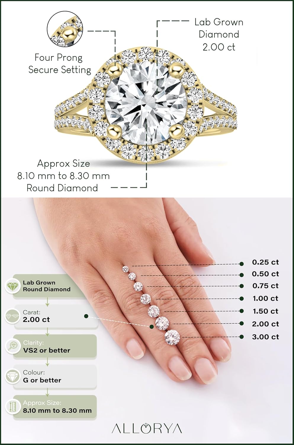 แหวนครบรอบแต่งงานทองคำแท้ 14K ทรง Split Shank Halo สำหรับผู้หญิง ได้รับการรับรองจาก IGI พร้อมเพชรสีขาวบริสุทธิ์ 2.52 กะรัต ทรงกลม (2.00 กะรัตตรงกลาง) ด้านข้าง (0.52 กะรัต) ผลิตจากห้องปฏิบัติการ