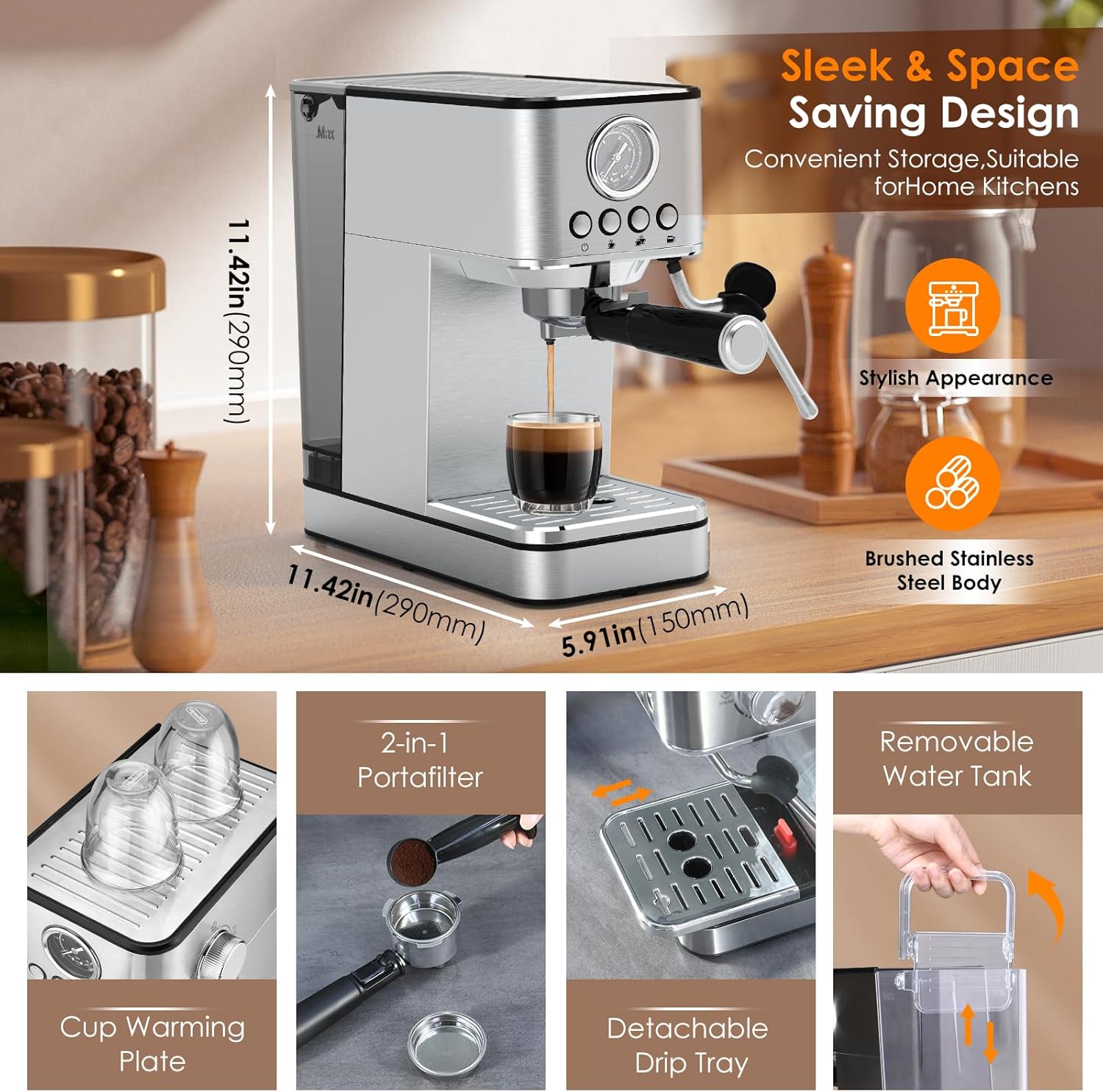 Sparkfire Espresso Machine Coffee Makers 20 Bar,Stainless Steel Espresso Machine with Milk Frother/Steam Wand for Espresso, Latte and Cappuccino · v2