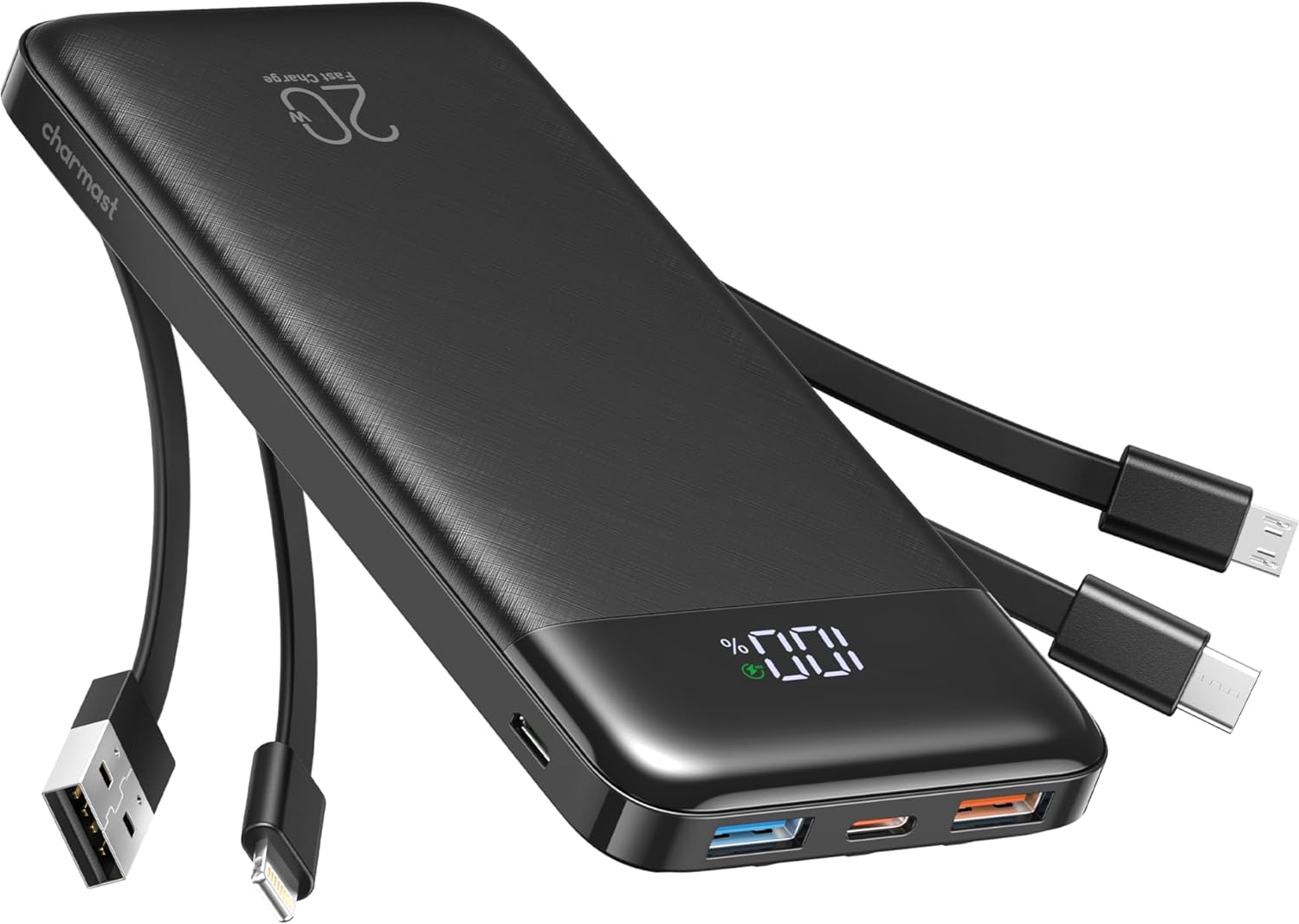 Charmast Power Bank 20000mAh, 20W Fast Charging Portable Charger with Built-in Cables, USB C Battery Pack, Slim Portable Phone Charger Backup Battery for iPhone, Samsung, iPad, More Phones, Tablets