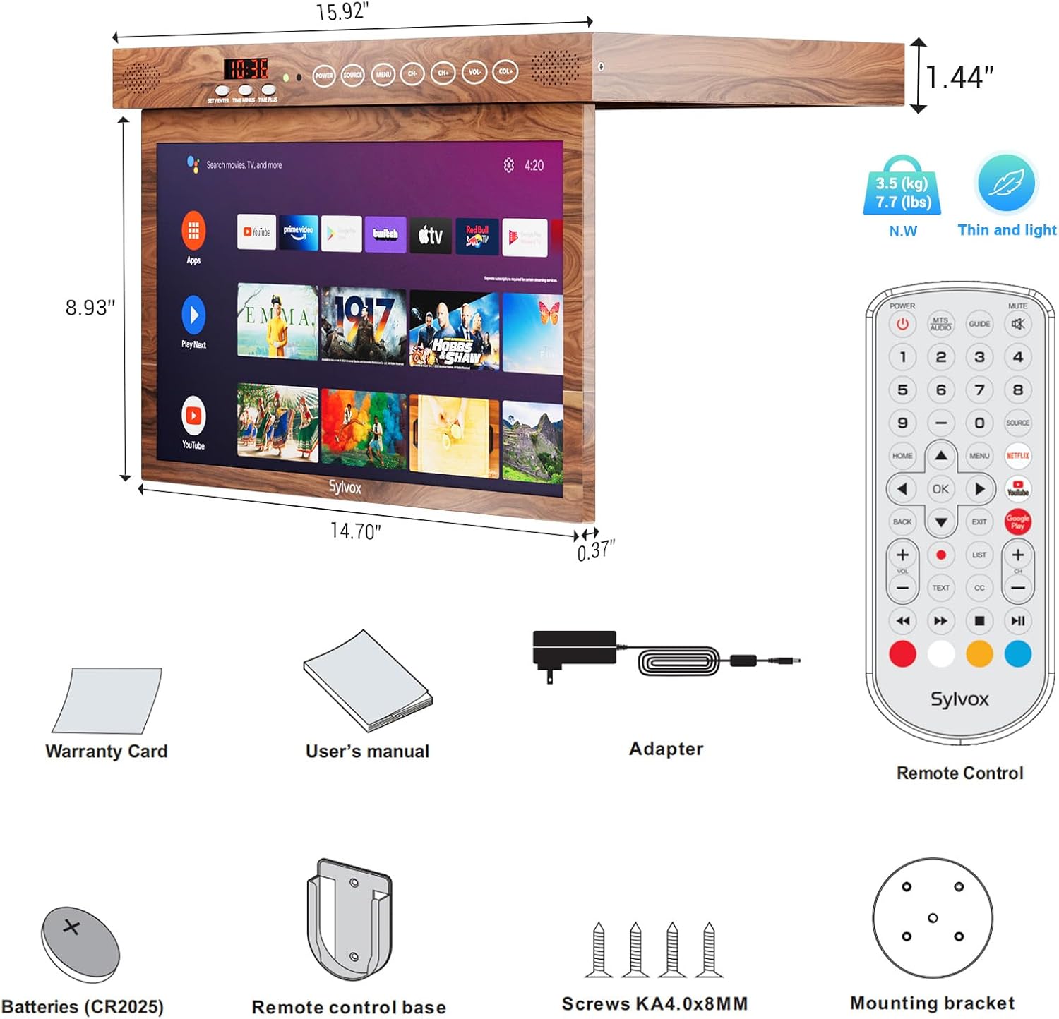 SYLVOX 15.6 Flip Down Smart TV Under Cabinet TV Supports 360 Degree Rotation WiFi  Wireless Connection, Storage Design for Kitchen Bedroom RV Yacht (Wood Grain Color) · v10