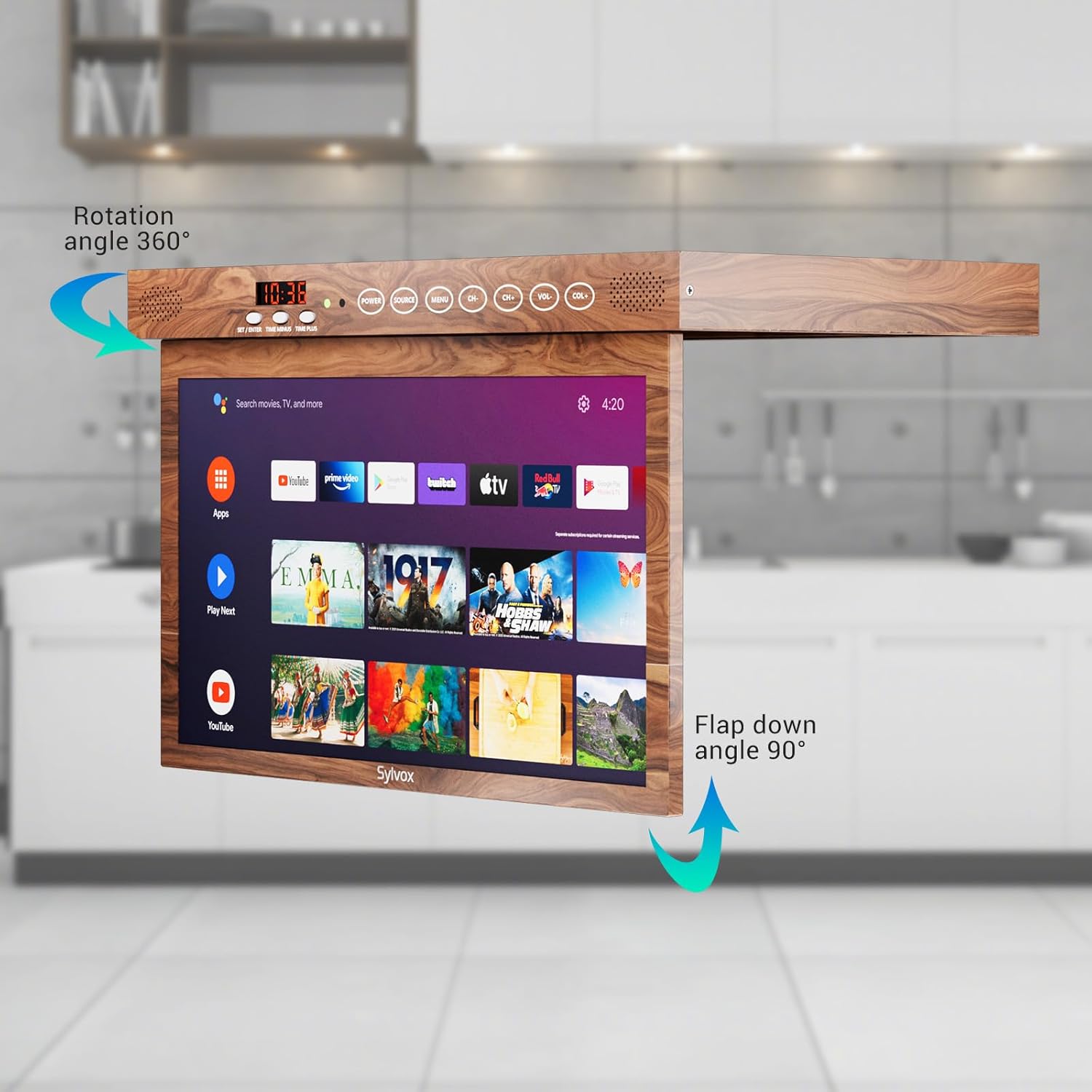 SYLVOX 15.6 Flip Down Smart TV Under Cabinet TV Supports 360 Degree Rotation WiFi  Wireless Connection, Storage Design for Kitchen Bedroom RV Yacht (Wood Grain Color) · v10