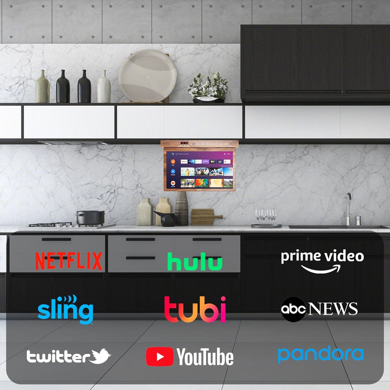 SYLVOX 15.6 Flip Down Smart TV Under Cabinet TV Supports 360 Degree Rotation WiFi  Wireless Connection, Storage Design for Kitchen Bedroom RV Yacht (Wood Grain Color) · v10