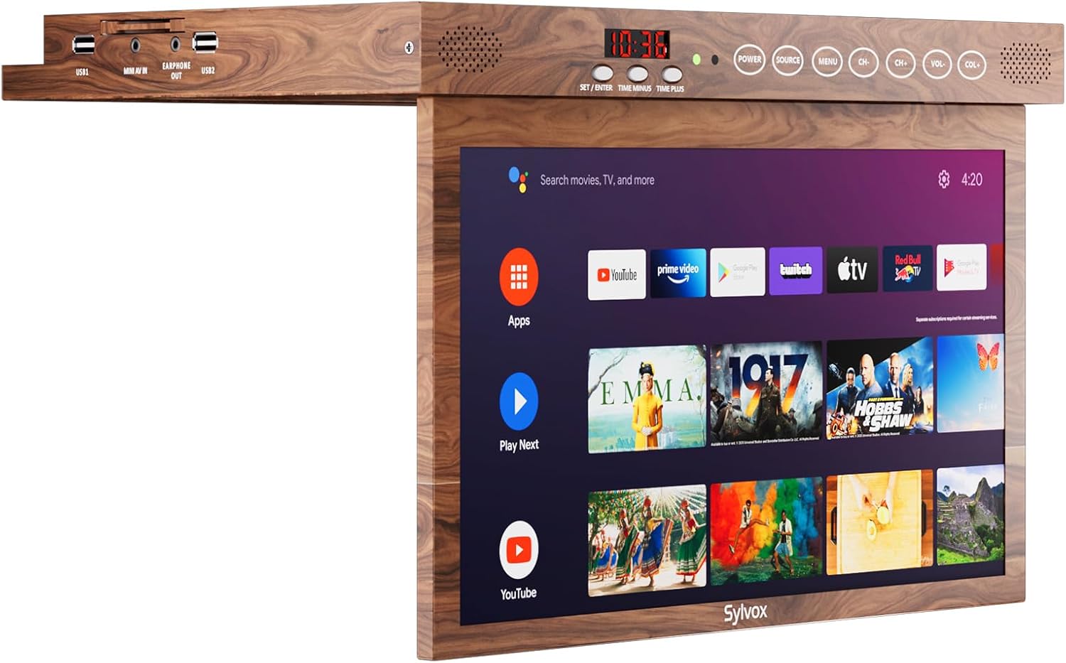 SYLVOX 15.6 Flip Down Smart TV Under Cabinet TV Supports 360 Degree Rotation WiFi  Wireless Connection, Storage Design for Kitchen Bedroom RV Yacht (Wood Grain Color) · v10