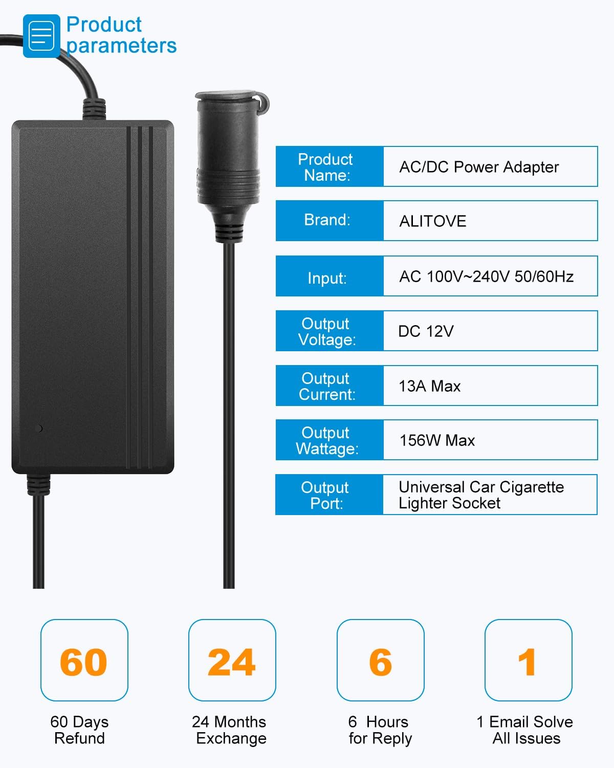 ALITOVE AC to DC Converter 13A 156W Max 120V 110V to 12V Converter AC/DC Adapter Power Supply with Car Cigarette Lighter Socket for Car Refrigerator Tire Inflator Vacuum Cleaner Washer Air Compressor · v6