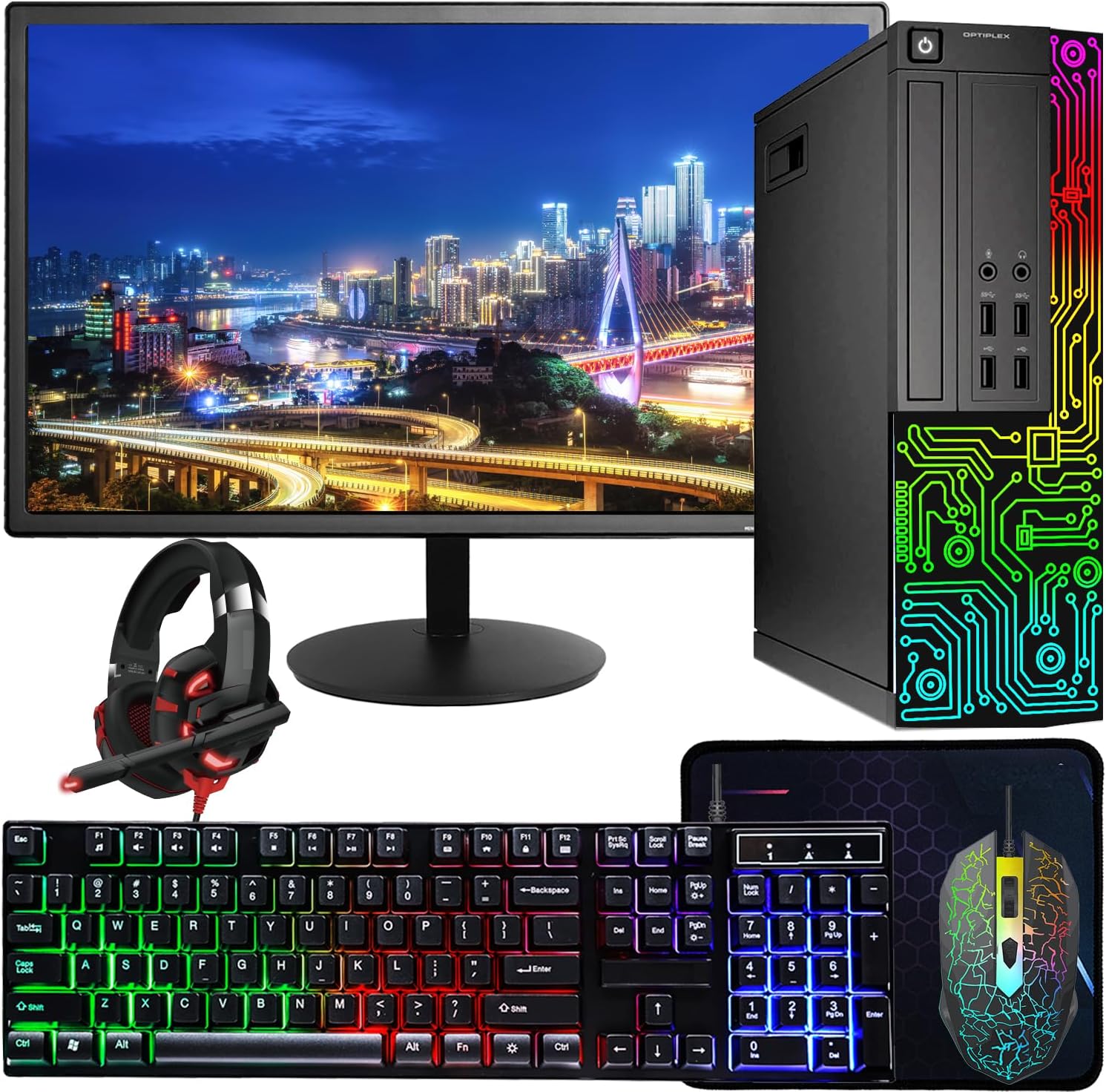 Computer desktop Dell OptiPlex RGB, Intel Core i5 fino a 3,6 GHz, 16 GB di RAM, SSD da 512 GB, monitor HDMI da 22 pollici, tastiera e mouse RGB, cuffie da gioco, WiFi, Bluetooth, Windows 10 Pro (rinnovato)