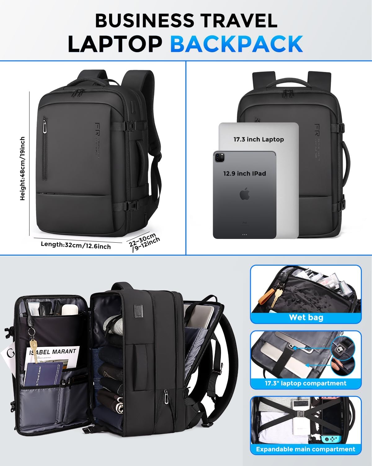 Reiserucksack für Herren, für Flüge zugelassener Handgepäckrucksack mit USB-Anschluss, wasserfester, erweiterbarer Computer-Tagesrucksack, 17,3-Zoll-Business-Laptop-Rucksack in Schwarz für College/Arbeit