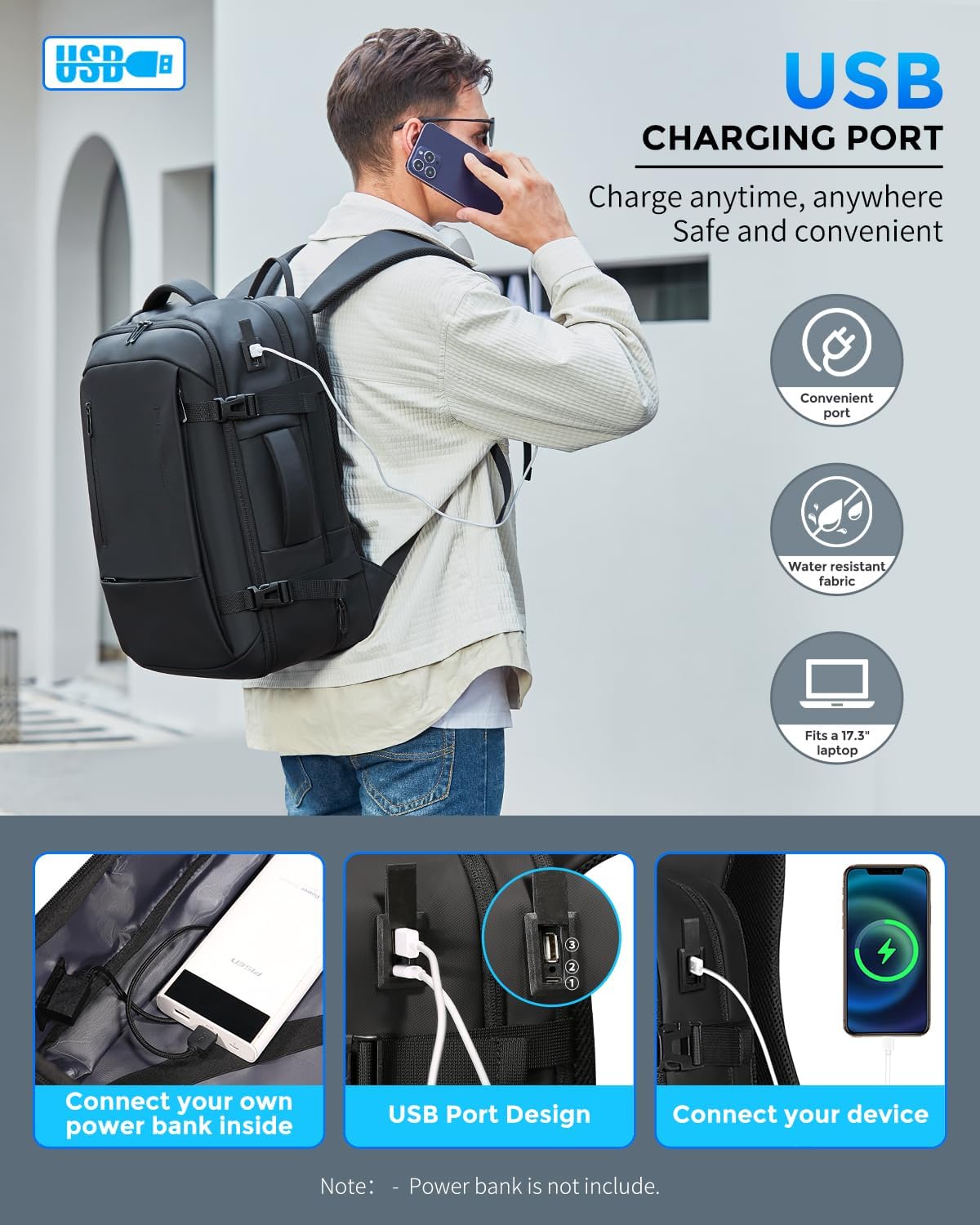Reiserucksack für Herren, für Flüge zugelassener Handgepäckrucksack mit USB-Anschluss, wasserfester, erweiterbarer Computer-Tagesrucksack, 17,3-Zoll-Business-Laptop-Rucksack in Schwarz für College/Arbeit