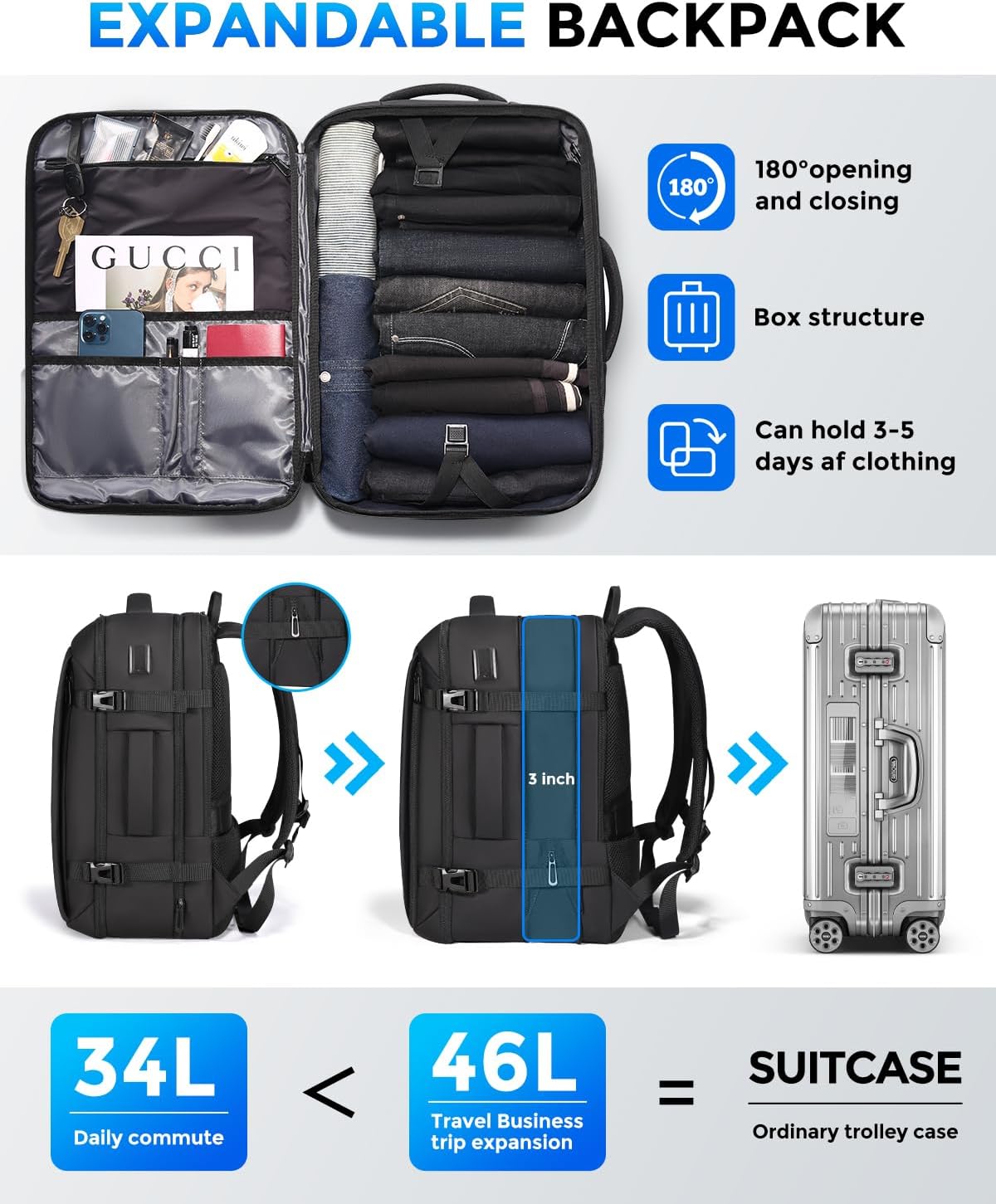 Reiserucksack für Herren, für Flüge zugelassener Handgepäckrucksack mit USB-Anschluss, wasserfester, erweiterbarer Computer-Tagesrucksack, 17,3-Zoll-Business-Laptop-Rucksack in Schwarz für College/Arbeit