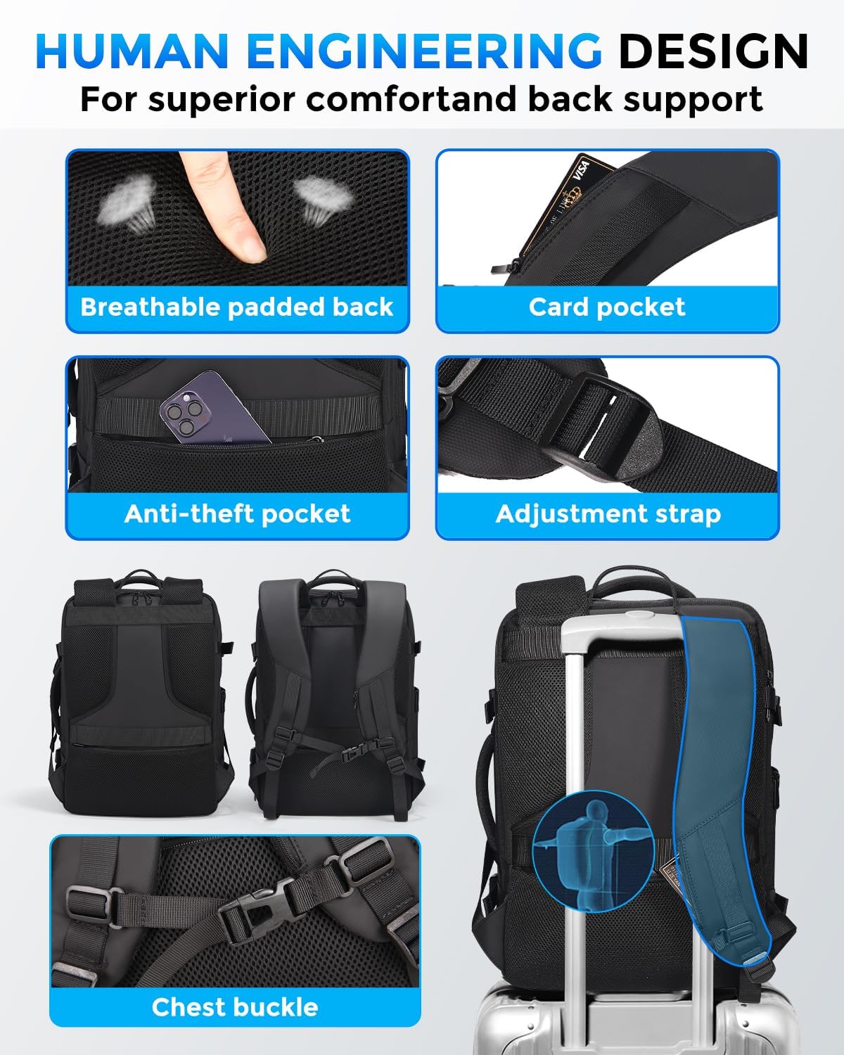 Reiserucksack für Herren, für Flüge zugelassener Handgepäckrucksack mit USB-Anschluss, wasserfester, erweiterbarer Computer-Tagesrucksack, 17,3-Zoll-Business-Laptop-Rucksack in Schwarz für College/Arbeit
