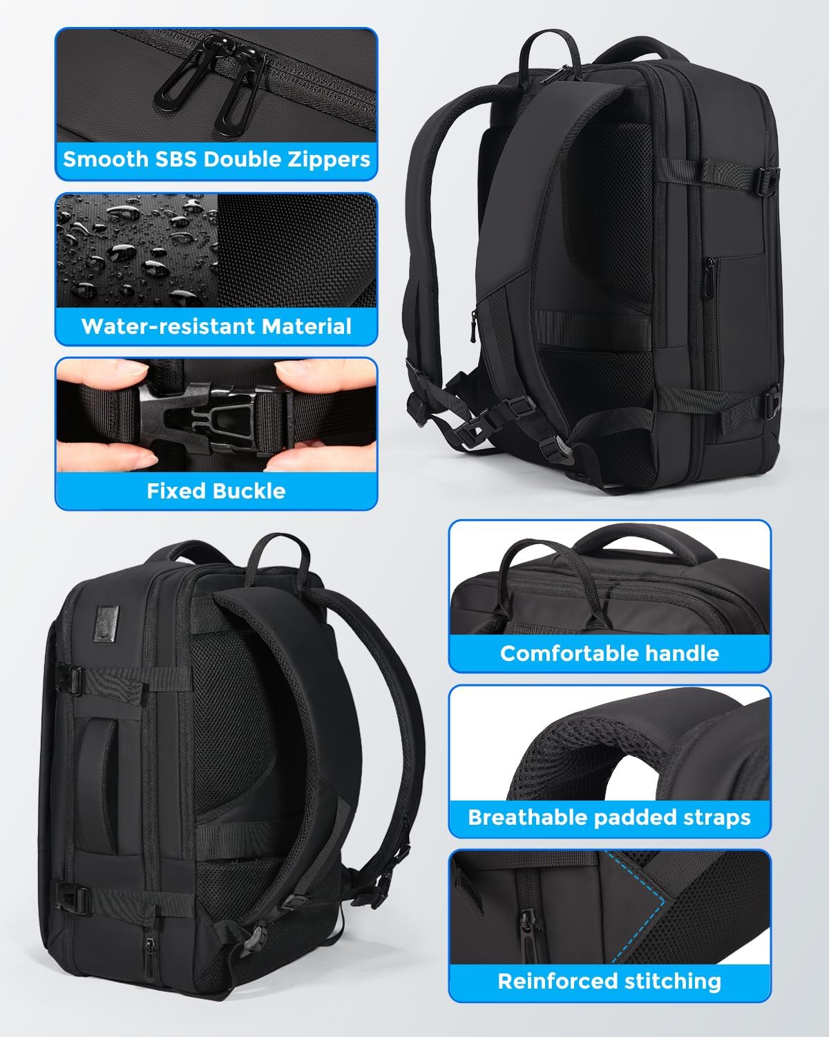 Reiserucksack für Herren, für Flüge zugelassener Handgepäckrucksack mit USB-Anschluss, wasserfester, erweiterbarer Computer-Tagesrucksack, 17,3-Zoll-Business-Laptop-Rucksack in Schwarz für College/Arbeit