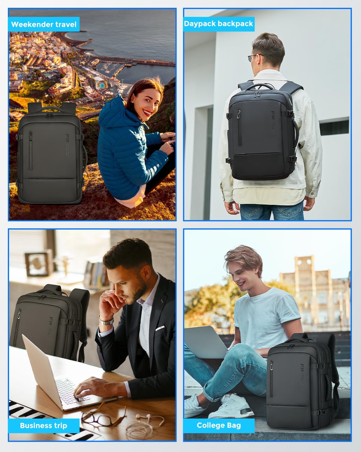 Reiserucksack für Herren, für Flüge zugelassener Handgepäckrucksack mit USB-Anschluss, wasserfester, erweiterbarer Computer-Tagesrucksack, 17,3-Zoll-Business-Laptop-Rucksack in Schwarz für College/Arbeit