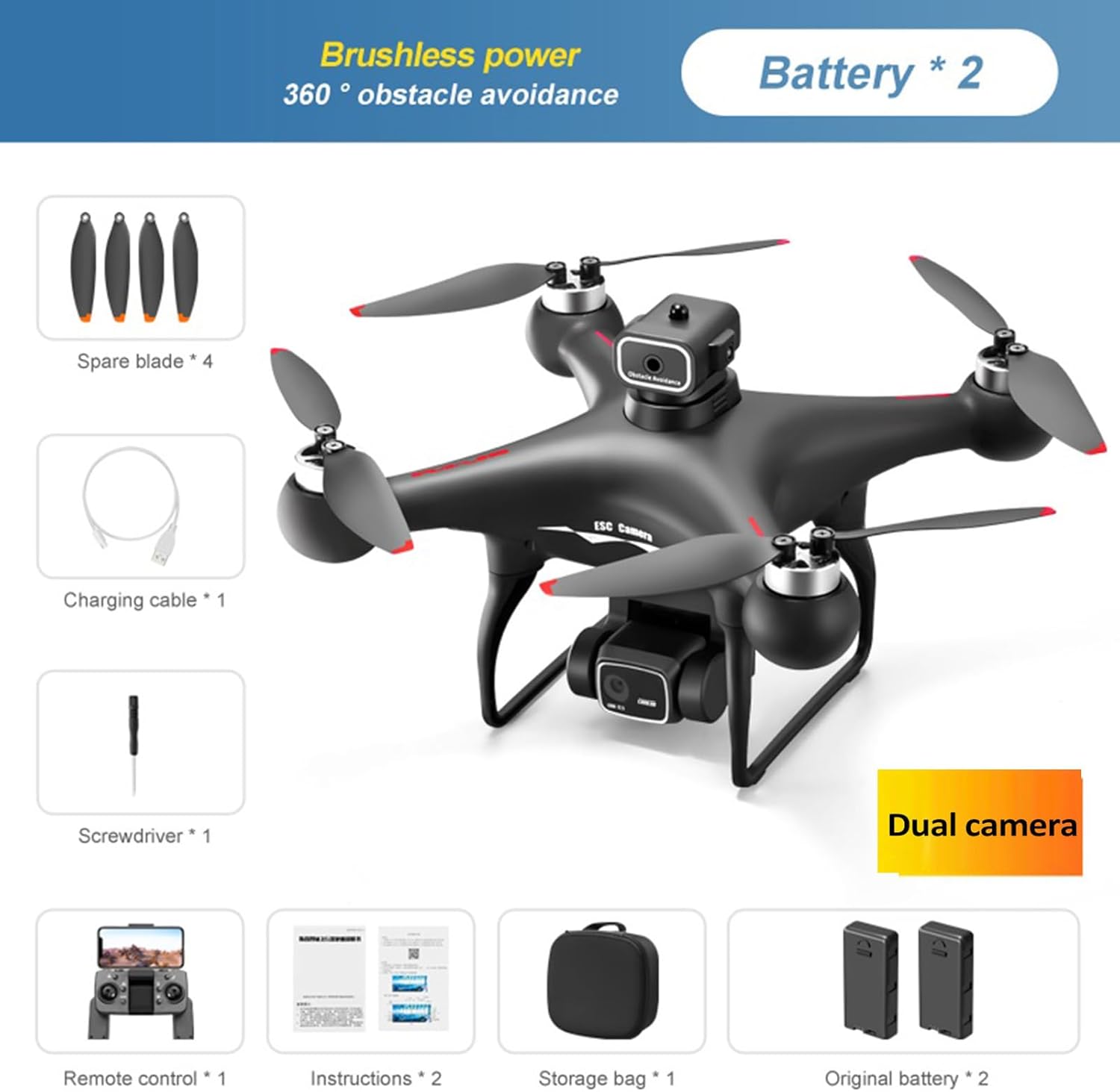 طائرة بدون طيار GoolRC S116 مع كاميرا 4K للبالغين، طائرة رباعية المراوح RC مع تجنب العوائق، تدفق بصري، مسار طيران، وضع بدون رأس، مستشعر جاذبية، محرك بدون فرشاة، حقيبة تخزين وبطاريتين (أسود)