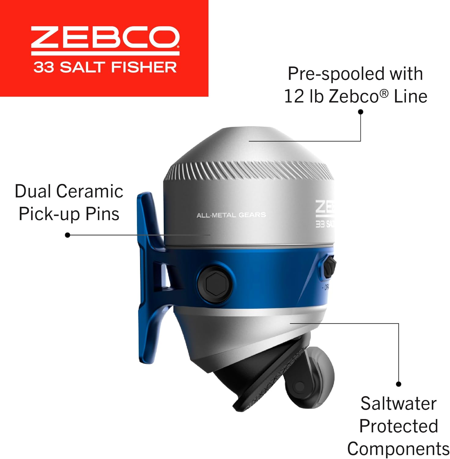 Kombinacja kołowrotka i wędki Zebco Salt Fisher 33 Spincast, 6-stopowa 6-calowa 2-częściowa średnio-ciężka moc, średnio-szybki pręt z włókna szklanego, wymienny odciąg, 12-funtowa linia, niebieski/srebrny