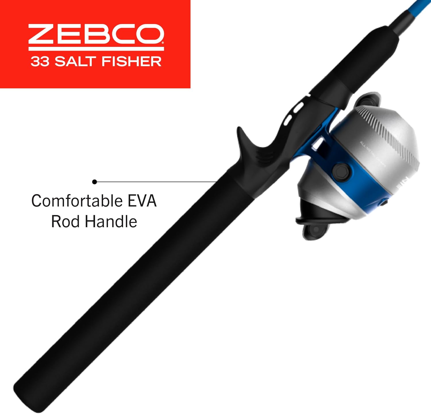 Kombinacja kołowrotka i wędki Zebco Salt Fisher 33 Spincast, 6-stopowa 6-calowa 2-częściowa średnio-ciężka moc, średnio-szybki pręt z włókna szklanego, wymienny odciąg, 12-funtowa linia, niebieski/srebrny