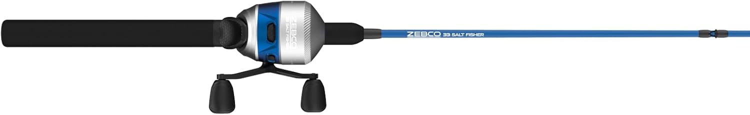 Kombinacja kołowrotka i wędki Zebco Salt Fisher 33 Spincast, 6-stopowa 6-calowa 2-częściowa średnio-ciężka moc, średnio-szybki pręt z włókna szklanego, wymienny odciąg, 12-funtowa linia, niebieski/srebrny