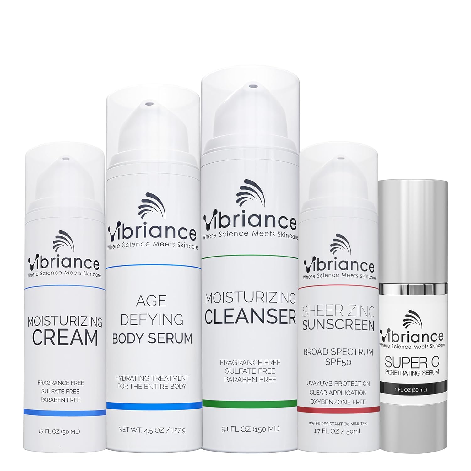 Vibriance プレミアム スキンケア バンドル | スーパー C オールインワン セラム、フェイス クレンザー、保湿クリーム、シアー ジンク サンスクリーン SPF 50、エイジング ディファイング ボディ クリーム - 治癒、保湿、保護、若返り