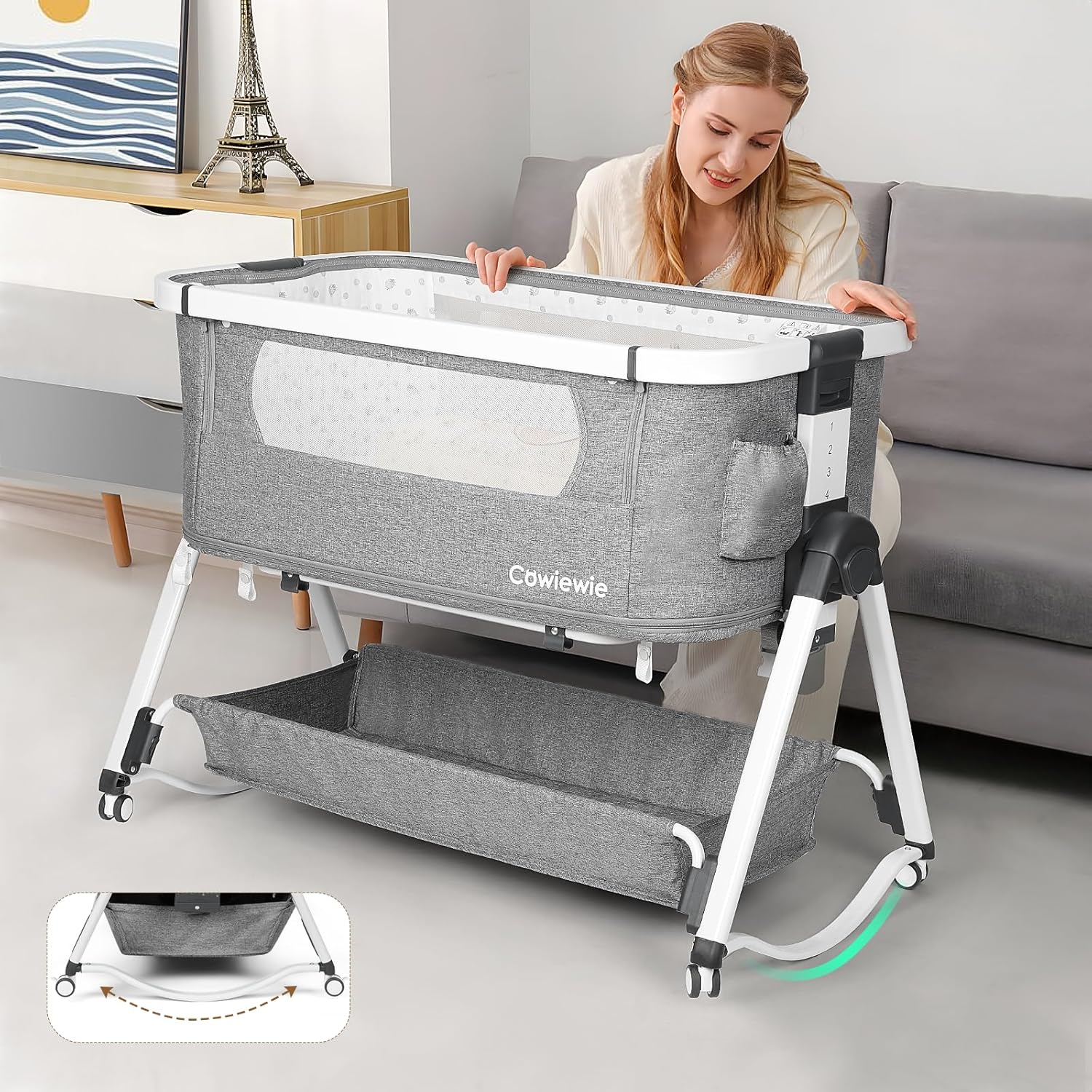Cowiewie 4 in 1 Baby Swingable Bassinet Infant/Newborn to Toddler Bassinet with 4 Stages, Bedside Sleeper Travel Cot Bassinet Playpen with Mattress, Breathable Net,6 Height Adjustable (Gray) · v2