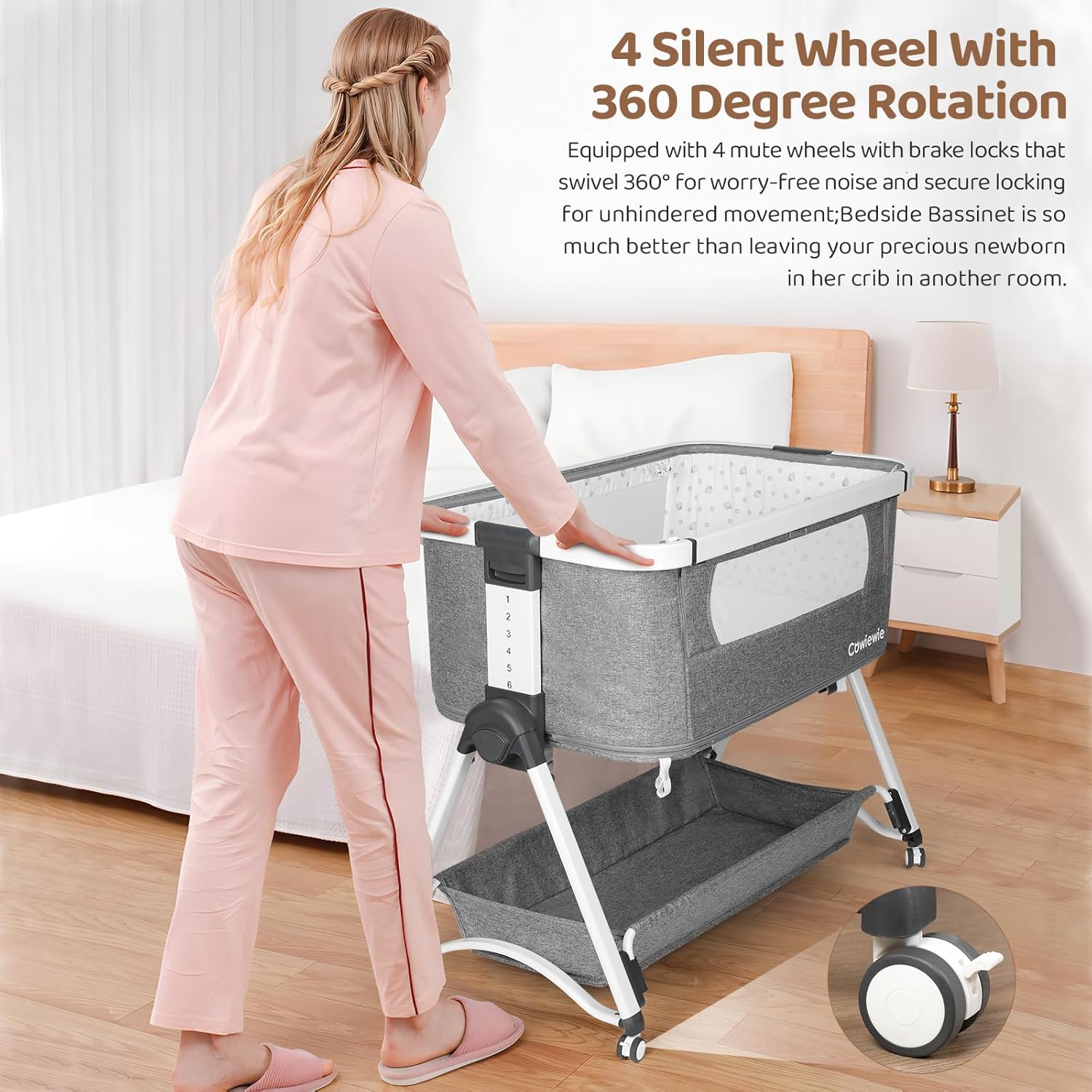 Cowiewie 4 in 1 Baby Swingable Bassinet Infant/Newborn to Toddler Bassinet with 4 Stages, Bedside Sleeper Travel Cot Bassinet Playpen with Mattress, Breathable Net,6 Height Adjustable (Gray) · v2