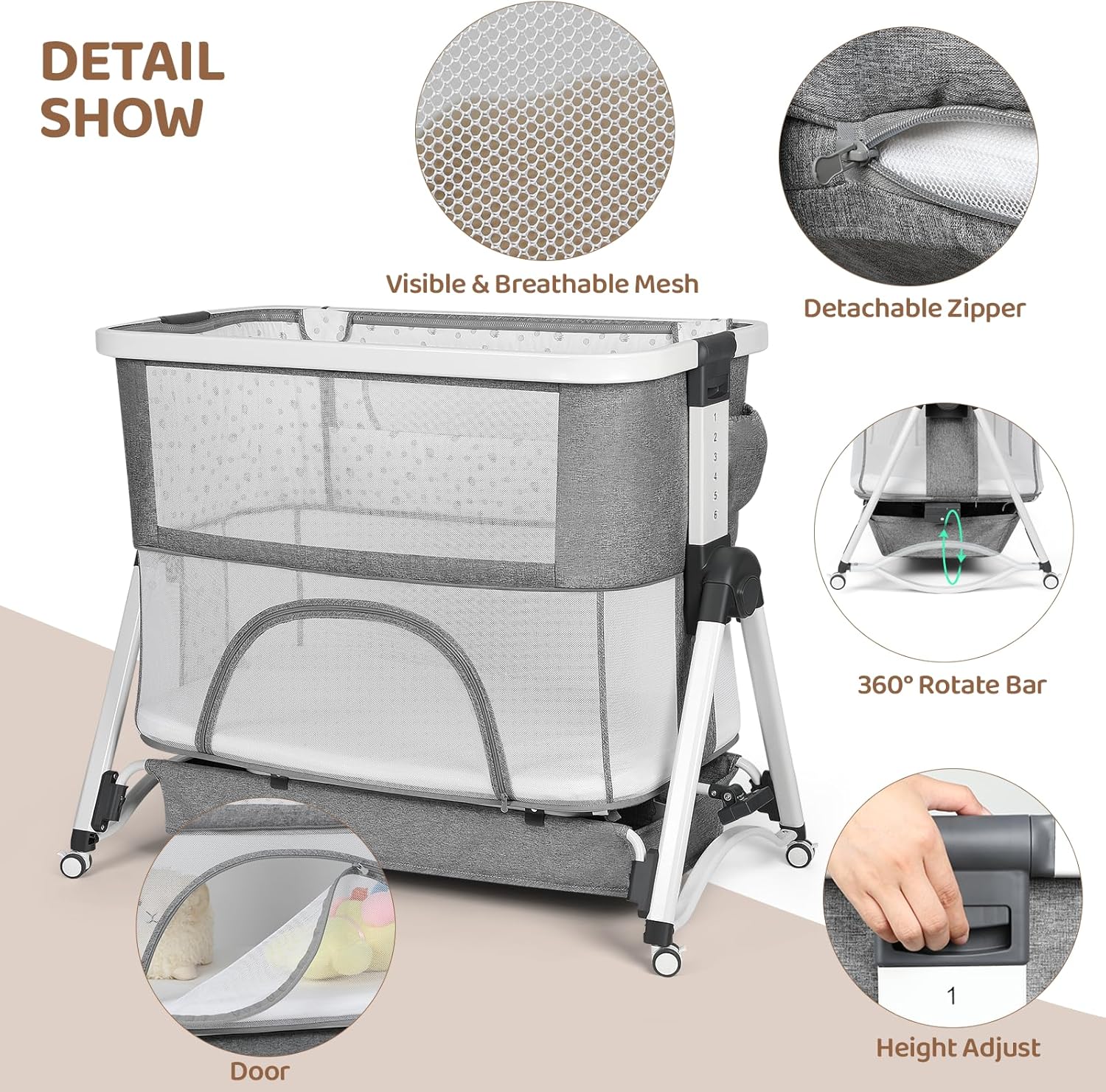 Cowiewie 4 in 1 Baby Swingable Bassinet Infant/Newborn to Toddler Bassinet with 4 Stages, Bedside Sleeper Travel Cot Bassinet Playpen with Mattress, Breathable Net,6 Height Adjustable (Gray) · v2