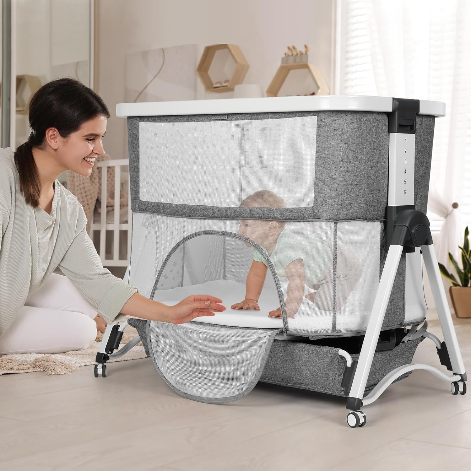 Cowiewie 4 in 1 Baby Swingable Bassinet Infant/Newborn to Toddler Bassinet with 4 Stages, Bedside Sleeper Travel Cot Bassinet Playpen with Mattress, Breathable Net,6 Height Adjustable (Gray) · v2