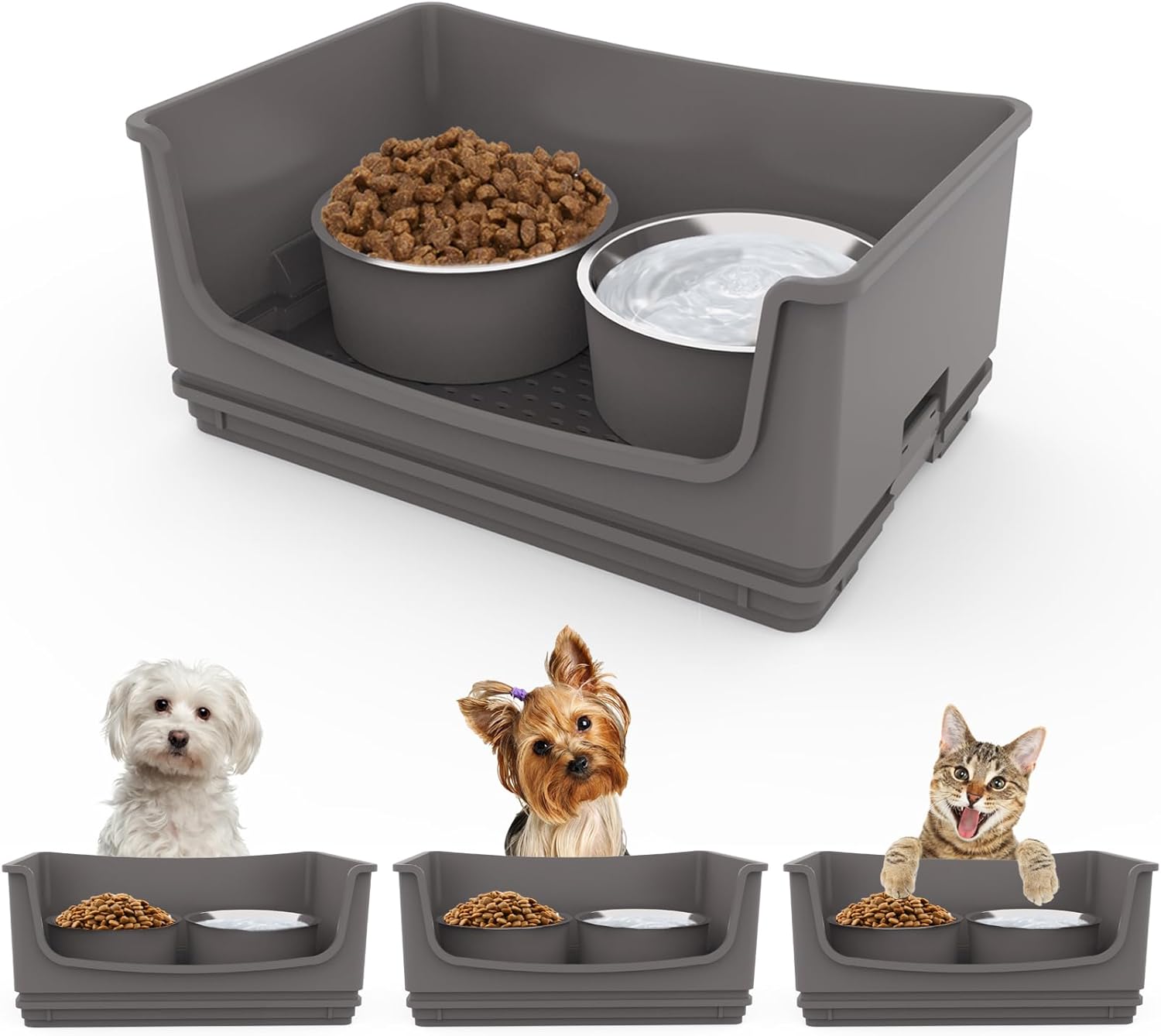 Gamelles pour chiens Mess Proof, ensemble de nourriture et d'eau pour chiens No Mess, mangeoire pour animaux de compagnie avec 2 bols en acier inoxydable pour chiens de petite et moyenne taille