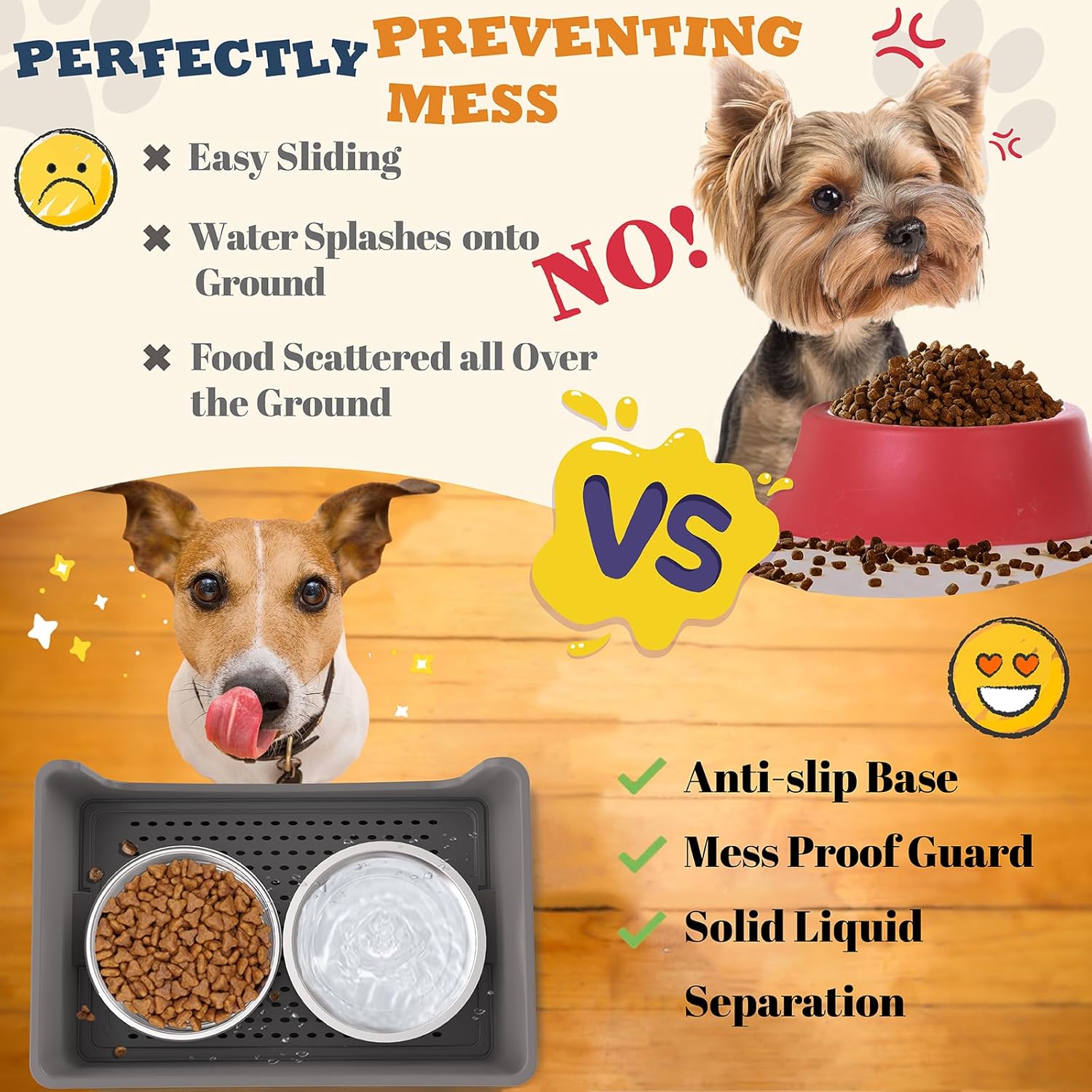 Gamelles pour chiens Mess Proof, ensemble de nourriture et d'eau pour chiens No Mess, mangeoire pour animaux de compagnie avec 2 bols en acier inoxydable pour chiens de petite et moyenne taille
