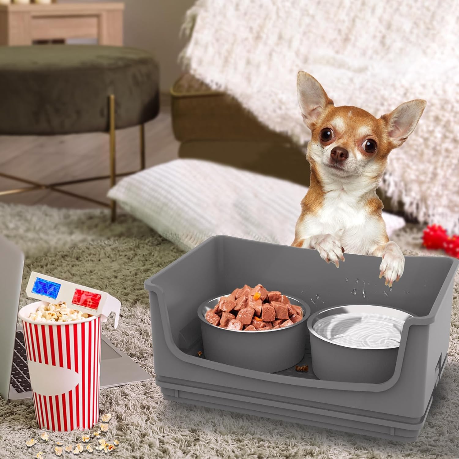Gamelles pour chiens Mess Proof, ensemble de nourriture et d'eau pour chiens No Mess, mangeoire pour animaux de compagnie avec 2 bols en acier inoxydable pour chiens de petite et moyenne taille