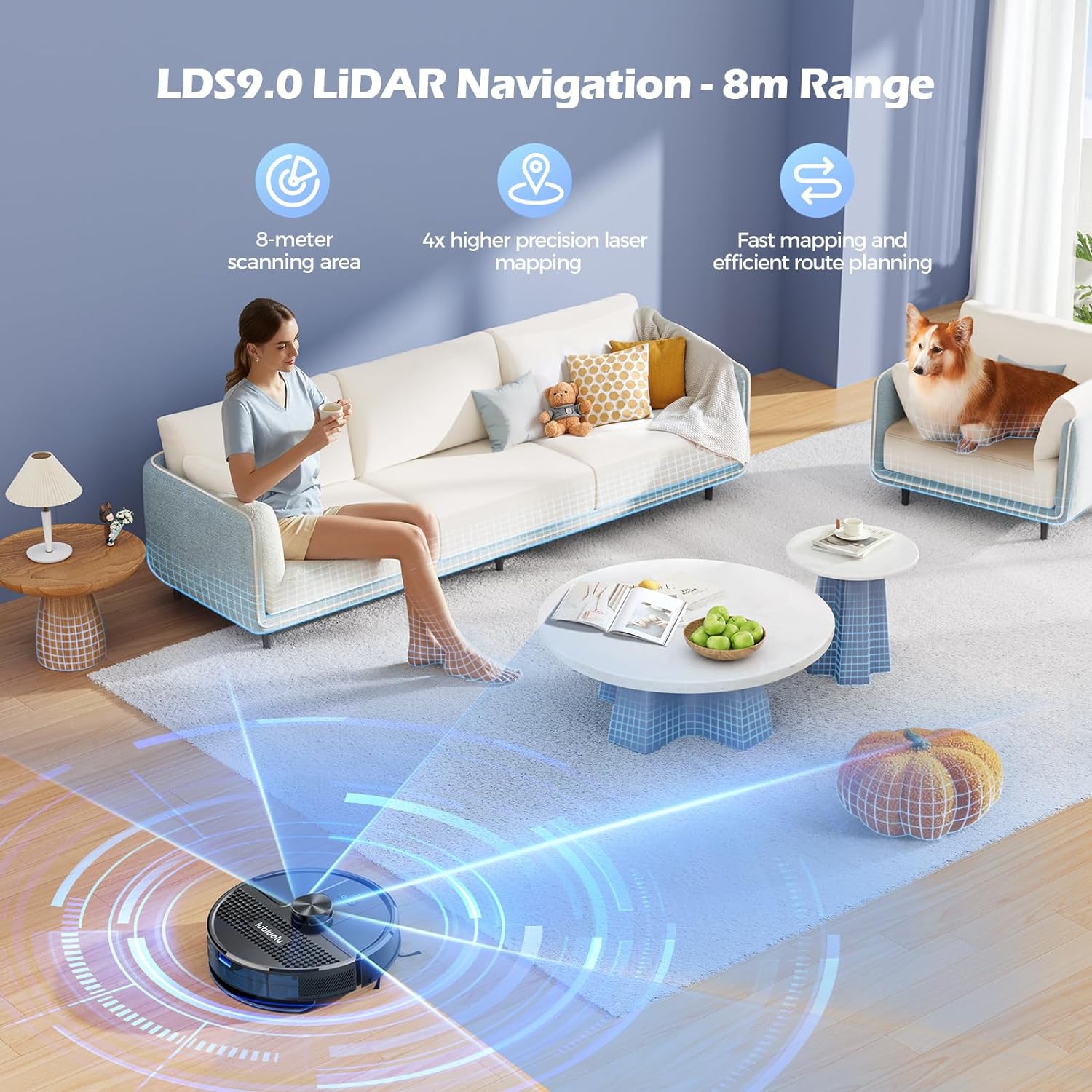 Aspirateur robot Lubluelu SL68 4500 Pa, combiné aspirateur robot 3 en 1 et serpillière, avec cartographie, navigation LiDAR, 5 cartes, 24 zones interdites, WiFi/App/Alexa, autochargeur, robot aspirateur pour poils d'animaux, tapis, sol dur