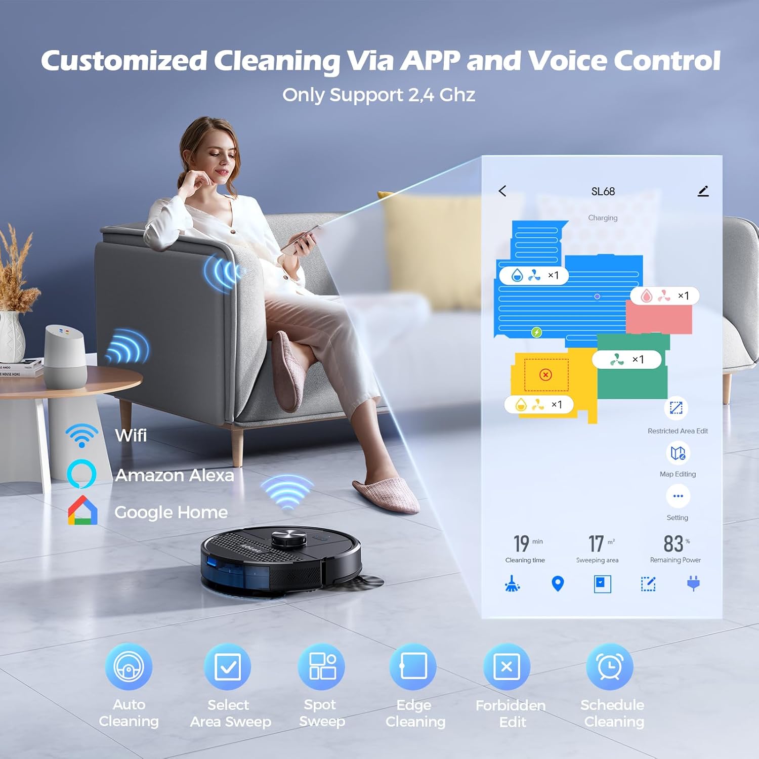 Aspirateur robot Lubluelu SL68 4500 Pa, combiné aspirateur robot 3 en 1 et serpillière, avec cartographie, navigation LiDAR, 5 cartes, 24 zones interdites, WiFi/App/Alexa, autochargeur, robot aspirateur pour poils d'animaux, tapis, sol dur