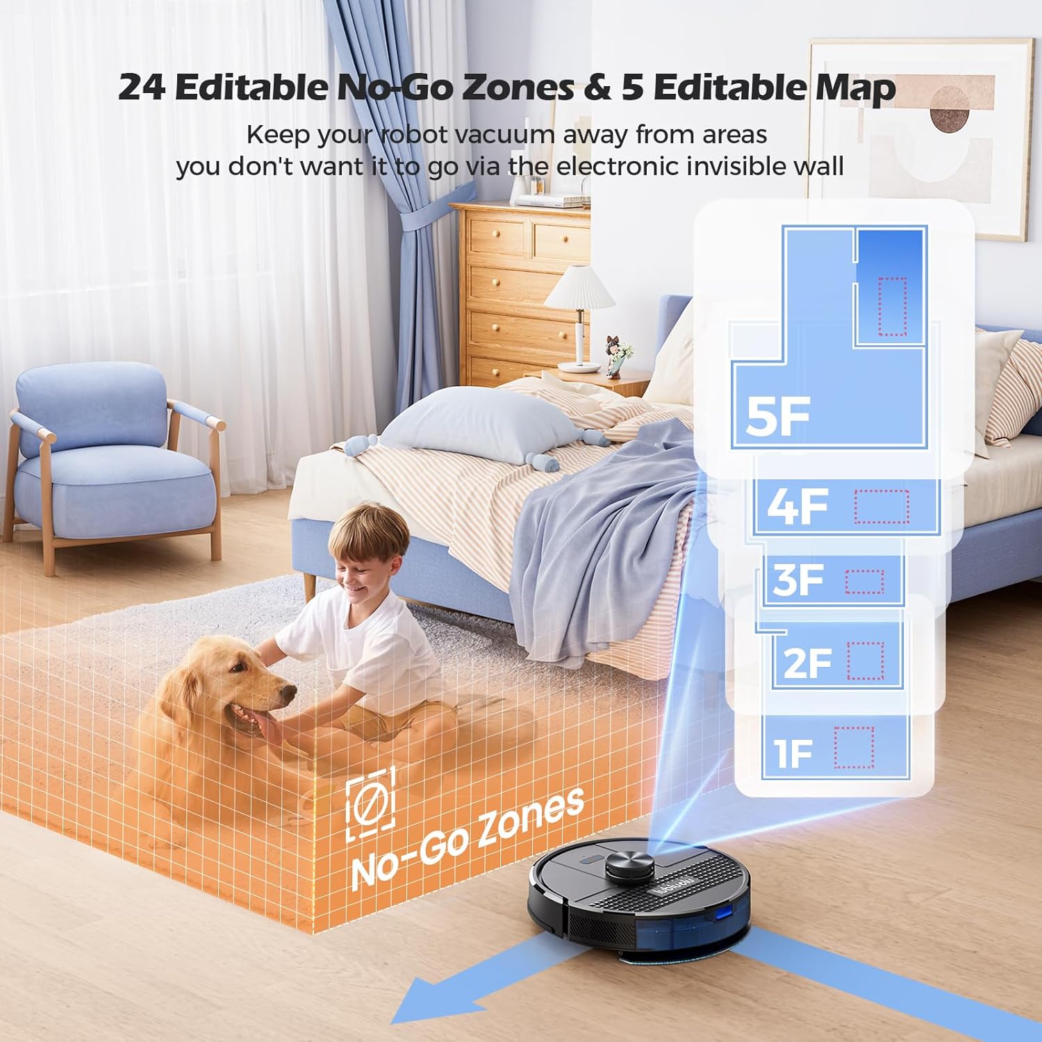 Aspirateur robot Lubluelu SL68 4500 Pa, combiné aspirateur robot 3 en 1 et serpillière, avec cartographie, navigation LiDAR, 5 cartes, 24 zones interdites, WiFi/App/Alexa, autochargeur, robot aspirateur pour poils d'animaux, tapis, sol dur