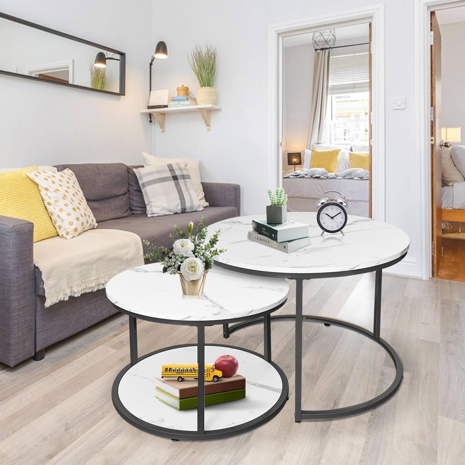 AT-VALY Coffee Table Set of 2 Nesting Tables,Round Side Table for Living Room, Small Accent Table with Storage (Black) · v2