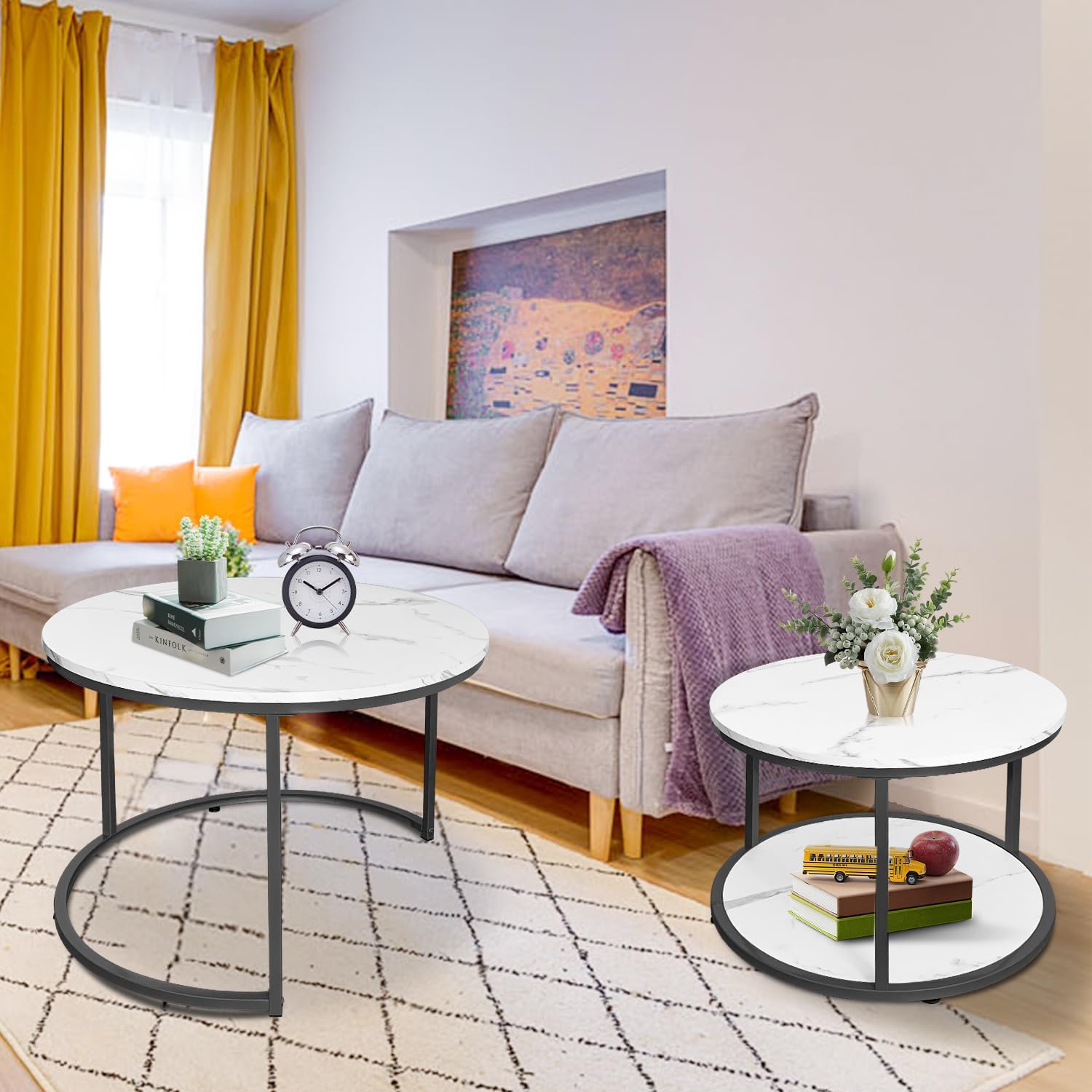 AT-VALY Coffee Table Set of 2 Nesting Tables,Round Side Table for Living Room, Small Accent Table with Storage (Black) · v2