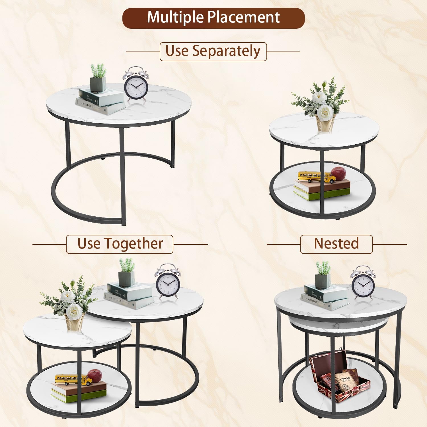 AT-VALY Coffee Table Set of 2 Nesting Tables,Round Side Table for Living Room, Small Accent Table with Storage (Black) · v2