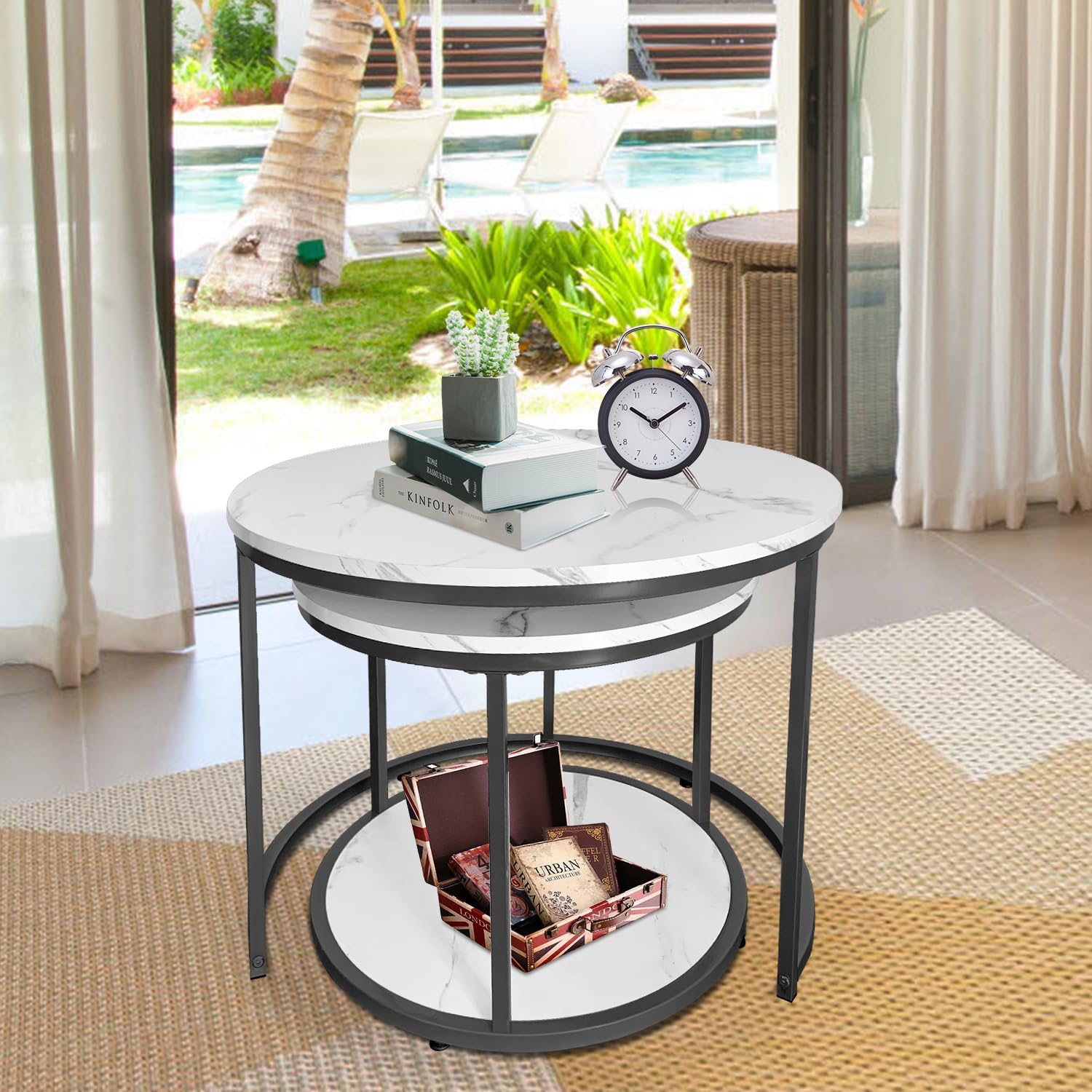 AT-VALY Coffee Table Set of 2 Nesting Tables,Round Side Table for Living Room, Small Accent Table with Storage (Black) · v2