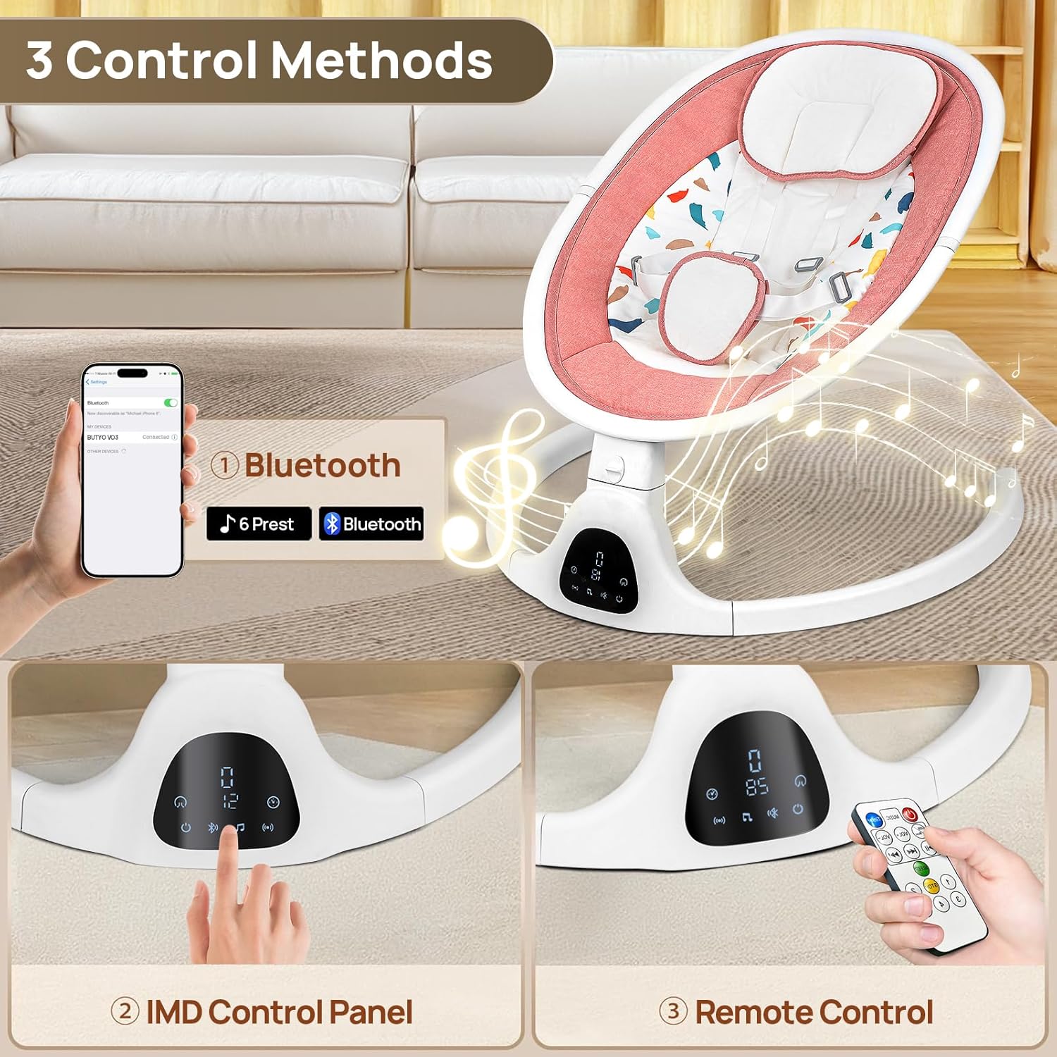 Baby Swings Baby Swing for Infants, Bluetooth Baby Swing Newborn with Remote Control, 5 Speeds,5-Point Harness, Portable Baby Swing（Pink）