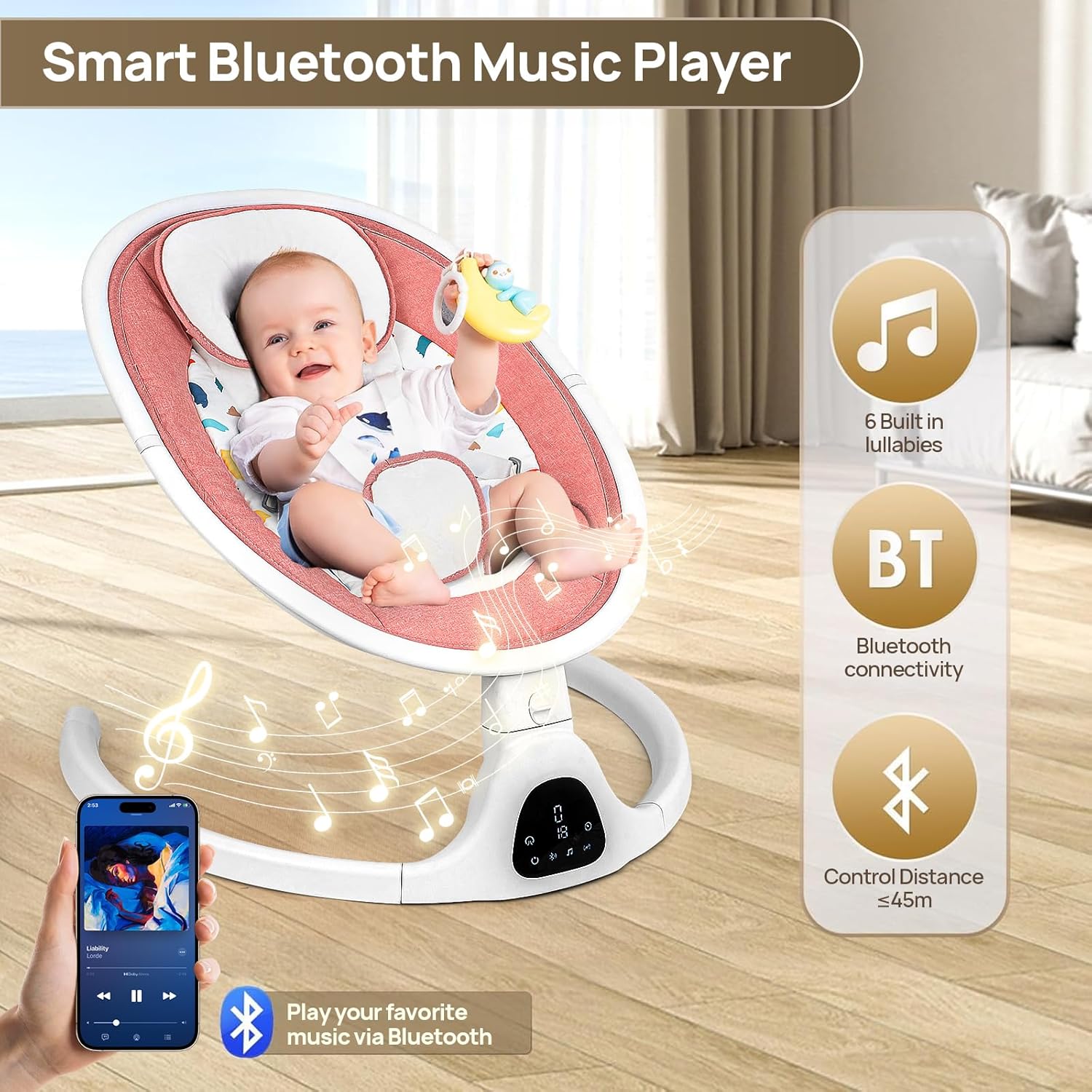 Baby Swings Baby Swing for Infants, Bluetooth Baby Swing Newborn with Remote Control, 5 Speeds,5-Point Harness, Portable Baby Swing（Pink）