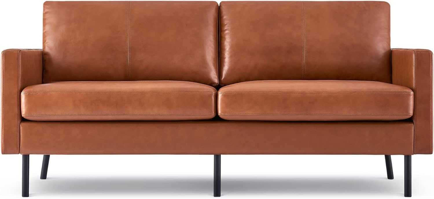 70 Top-Grain Leather Sofa, 2-Seat Upholstered Loveseat Sofa Modern Couch, Luxury Classic for Living Room Bedroom Apartment Office (Brown) · v2