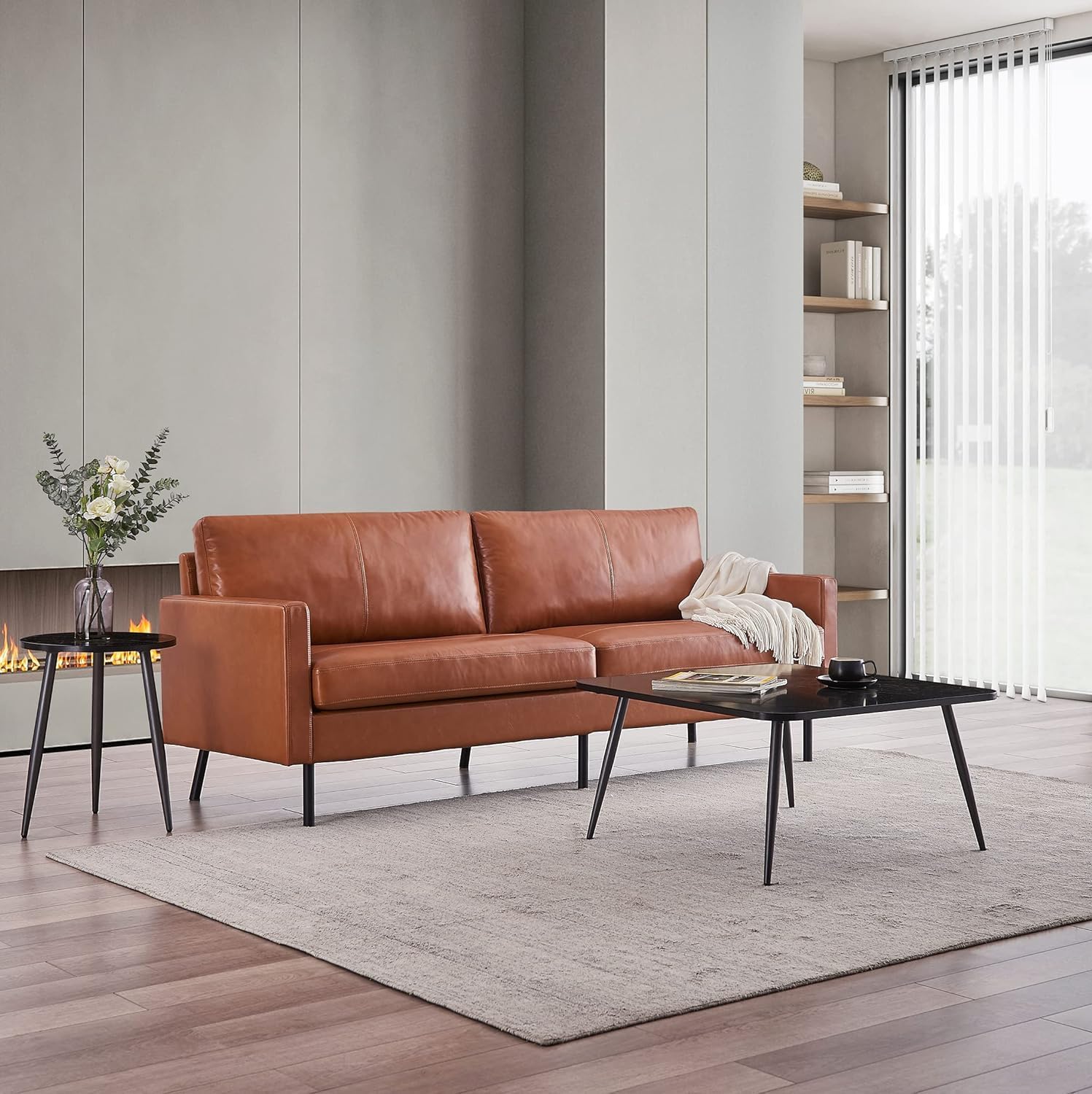 70 Top-Grain Leather Sofa, 2-Seat Upholstered Loveseat Sofa Modern Couch, Luxury Classic for Living Room Bedroom Apartment Office (Brown) · v2