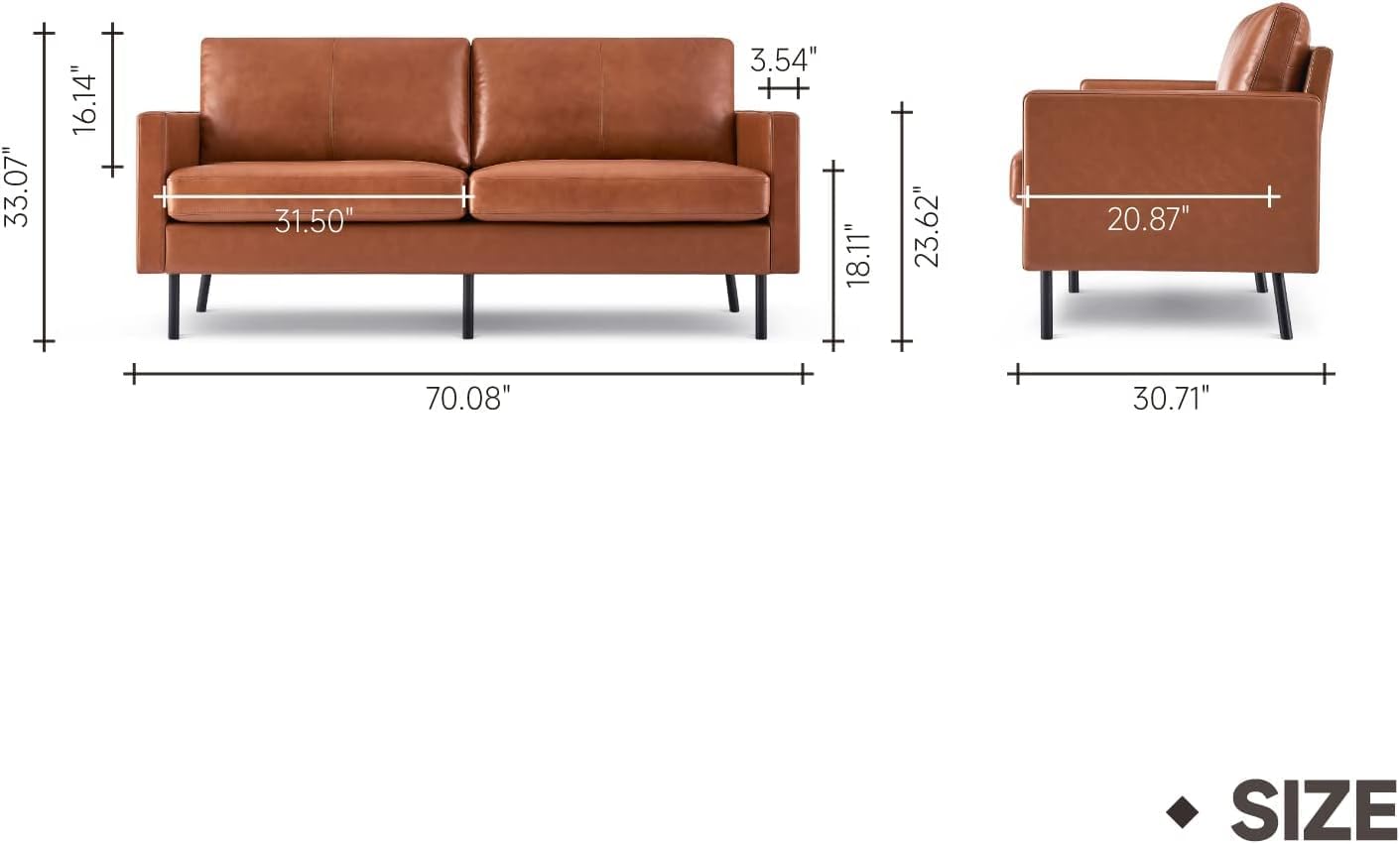 70 Top-Grain Leather Sofa, 2-Seat Upholstered Loveseat Sofa Modern Couch, Luxury Classic for Living Room Bedroom Apartment Office (Brown) · v2