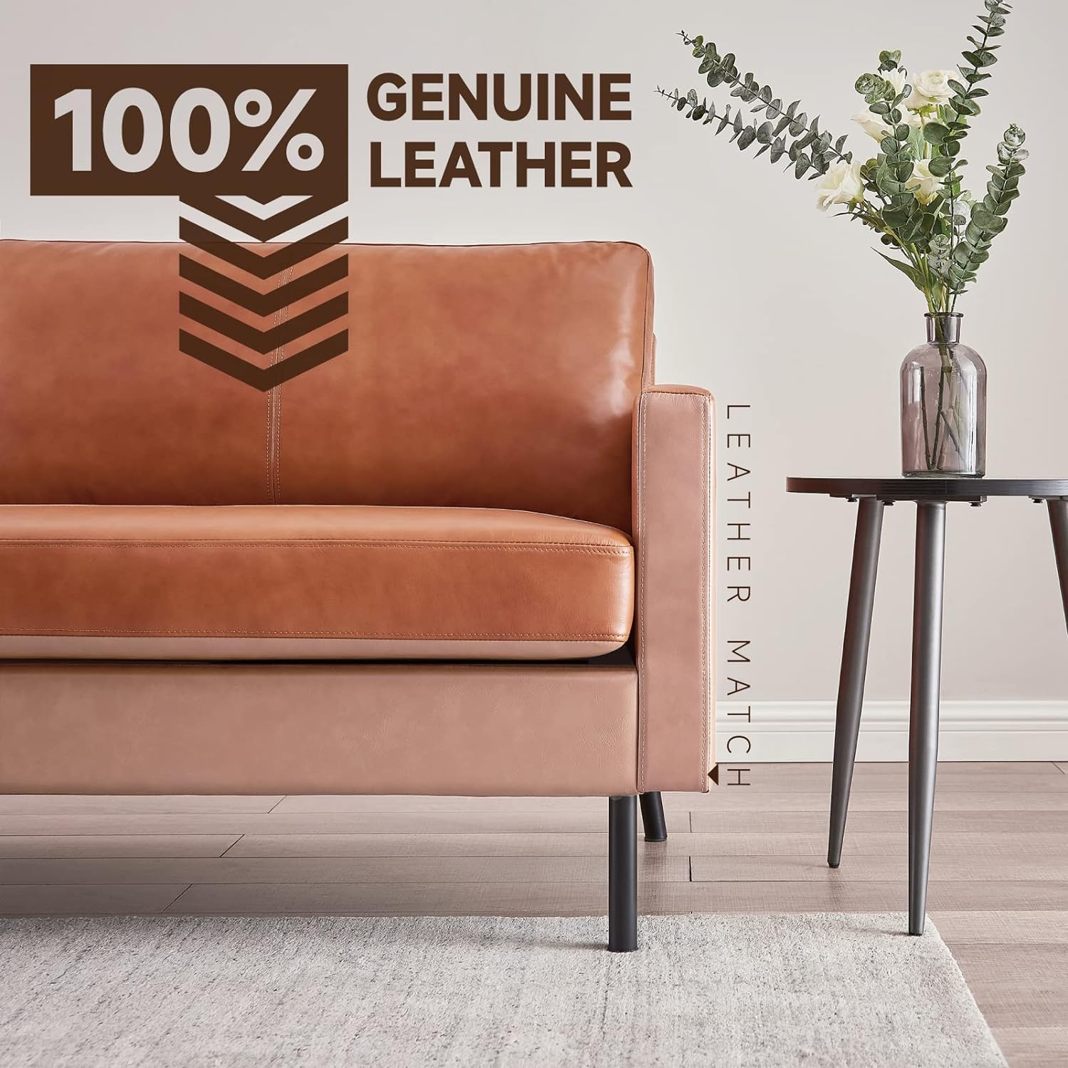 70 Top-Grain Leather Sofa, 2-Seat Upholstered Loveseat Sofa Modern Couch, Luxury Classic for Living Room Bedroom Apartment Office (Brown) · v2