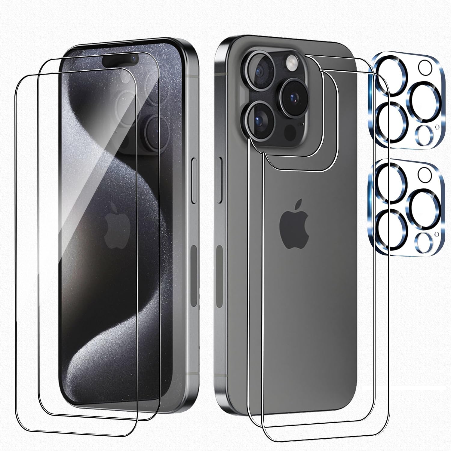 Displayschutz für Vorder- und Rückseite, kompatibel mit iPhone 15 Pro 6,1 Zoll, 2 Stück Frontschutz, 2 Stück Rückenschutz, 2 Stück Kameraobjektivschutz mit Ausrichtwerkzeug