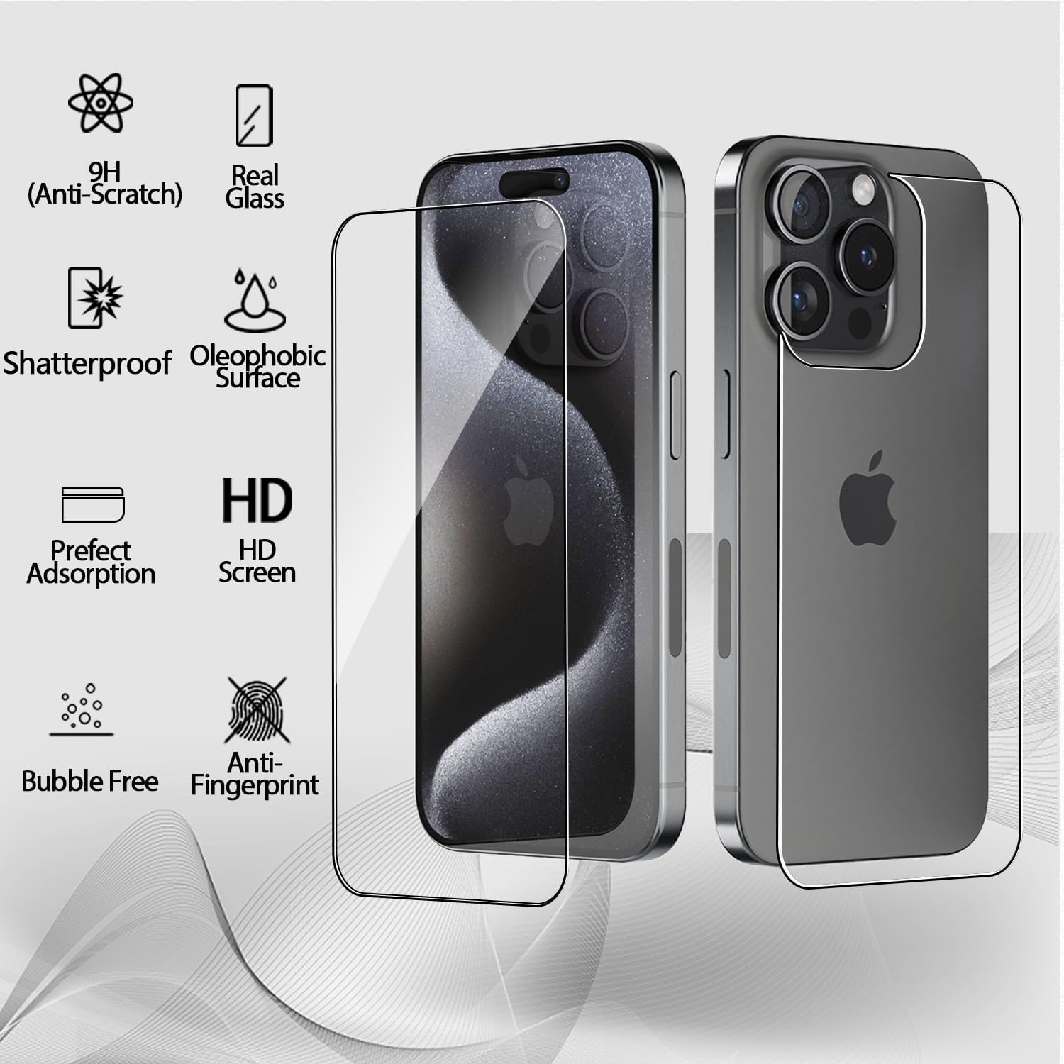 Displayschutz für Vorder- und Rückseite, kompatibel mit iPhone 15 Pro 6,1 Zoll, 2 Stück Frontschutz, 2 Stück Rückenschutz, 2 Stück Kameraobjektivschutz mit Ausrichtwerkzeug