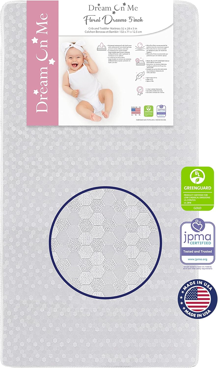 Dream On Me Carson Classic 3-in-1 Convertible Crib in White Honeycomb Orthopedic Firm Fiber Standard Baby Crib Mattress
