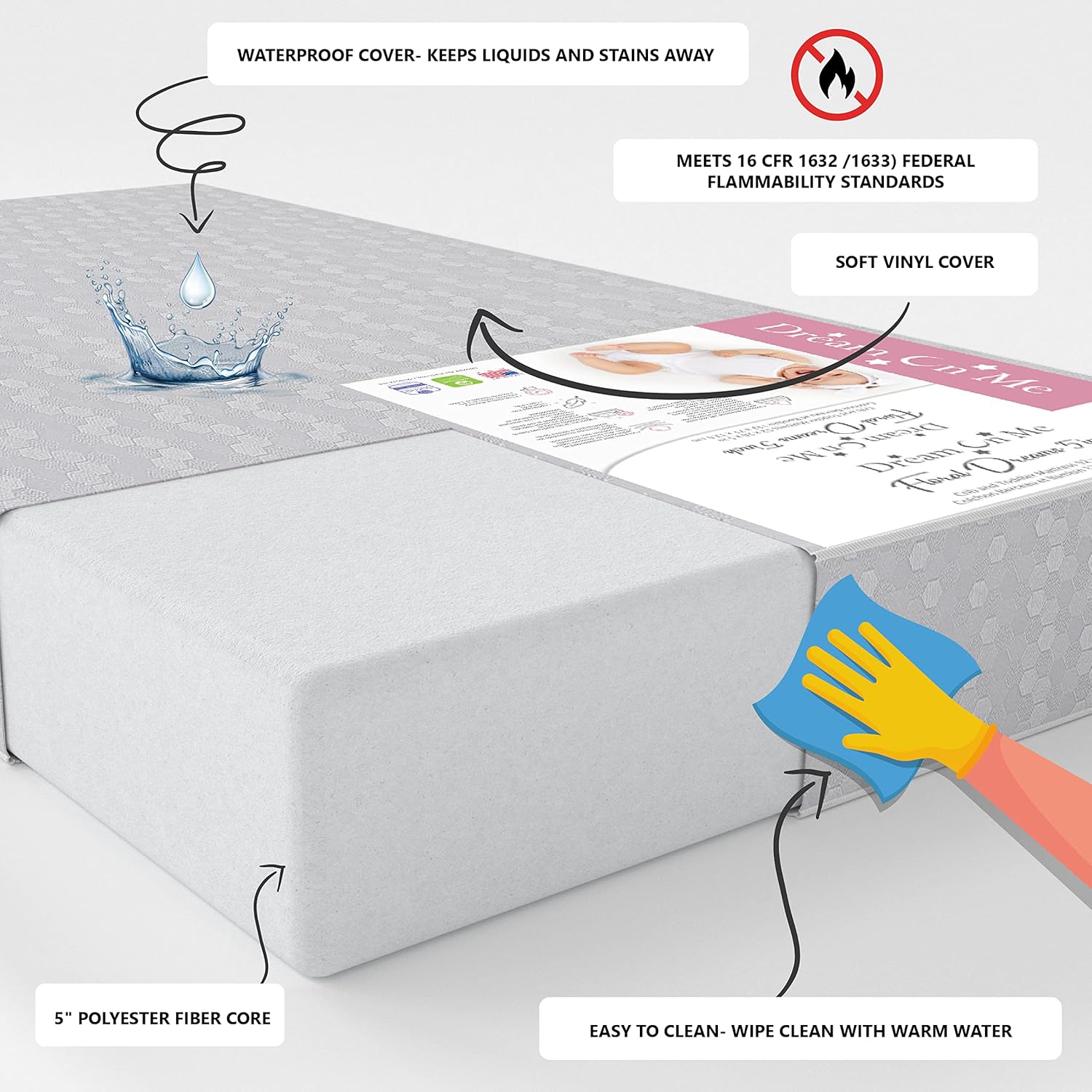 Dream On Me Carson Classic 3-in-1 Convertible Crib in White Honeycomb Orthopedic Firm Fiber Standard Baby Crib Mattress